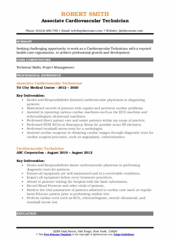 Cardiovascular Technician Resume Samples QwikResume