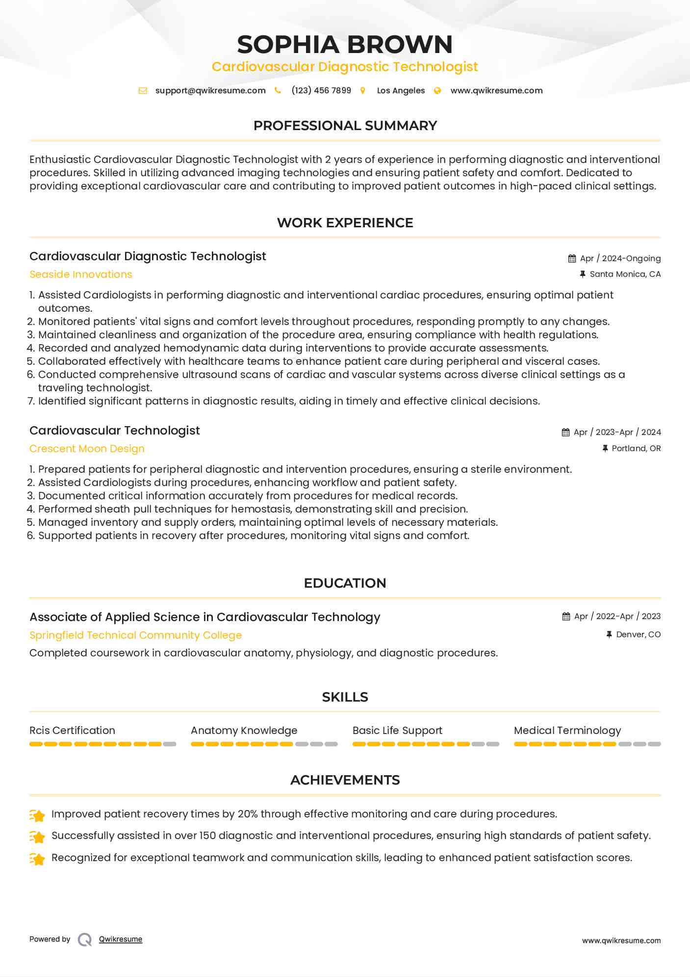 Cardiovascular Diagnostic Technologist Resume Example