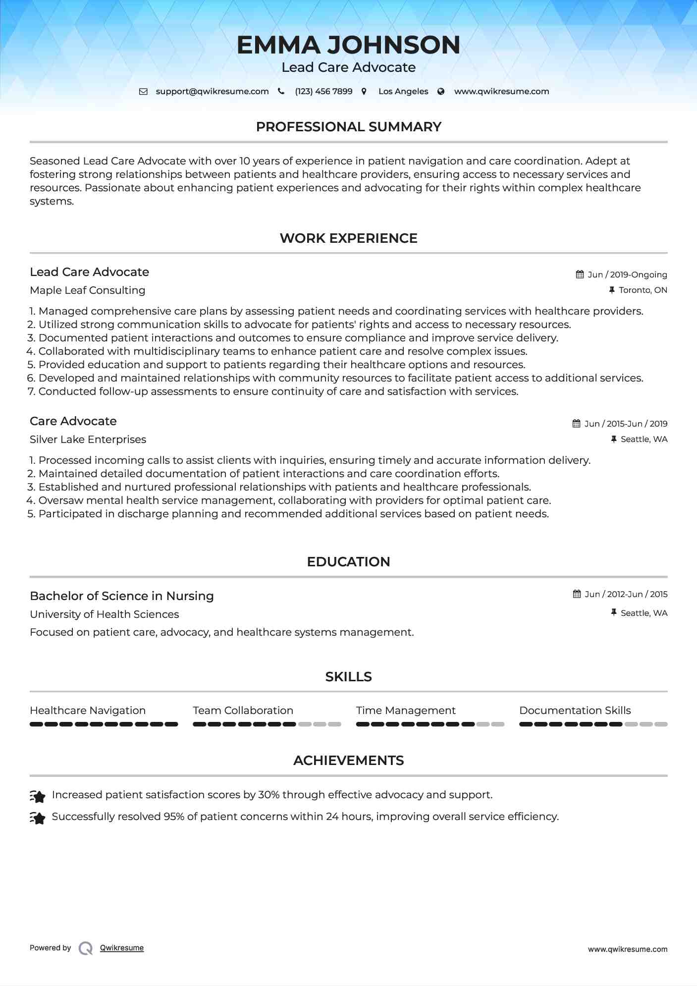 Lead Care Advocate Resume Example