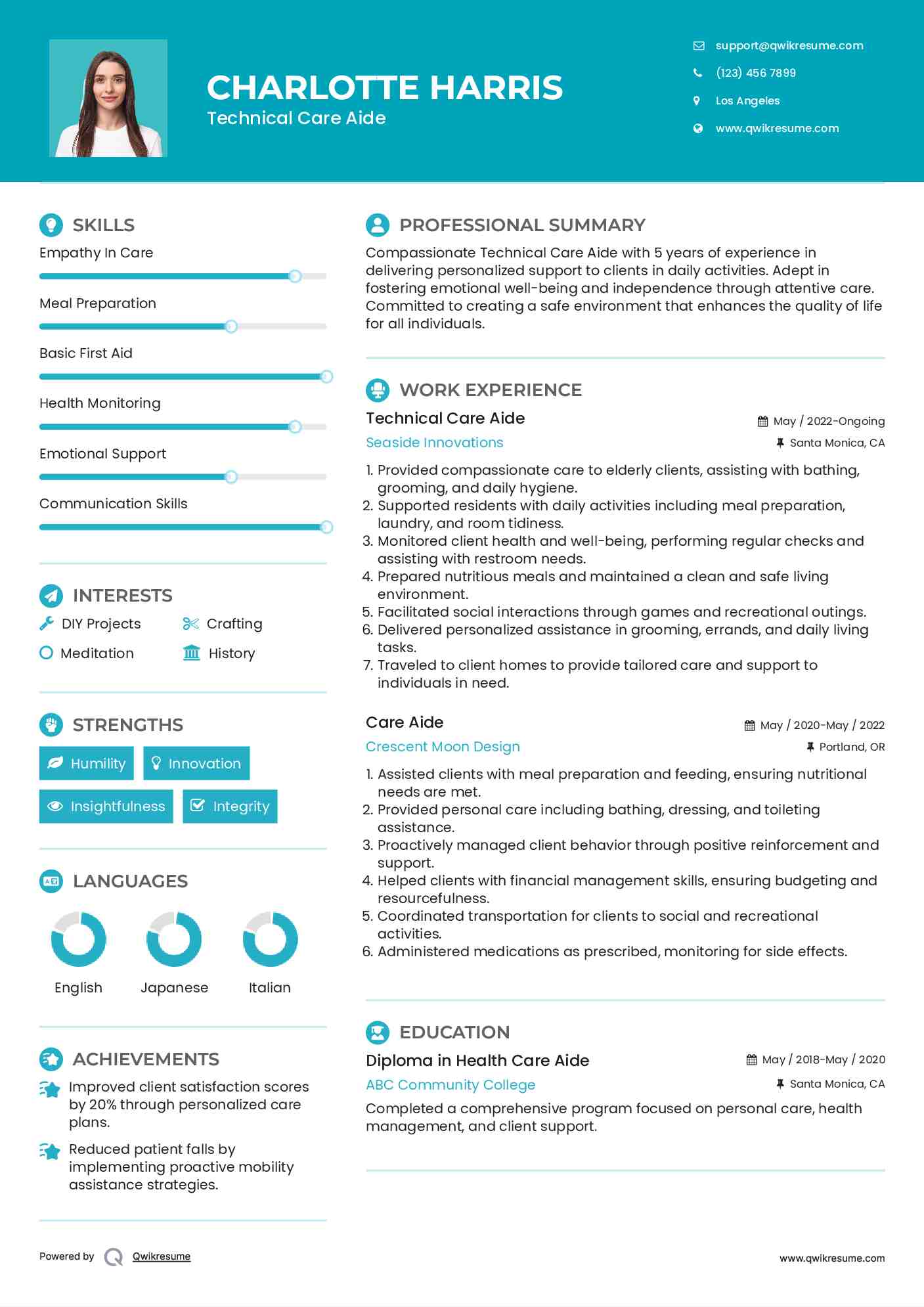 Technical Care Aide Resume Sample