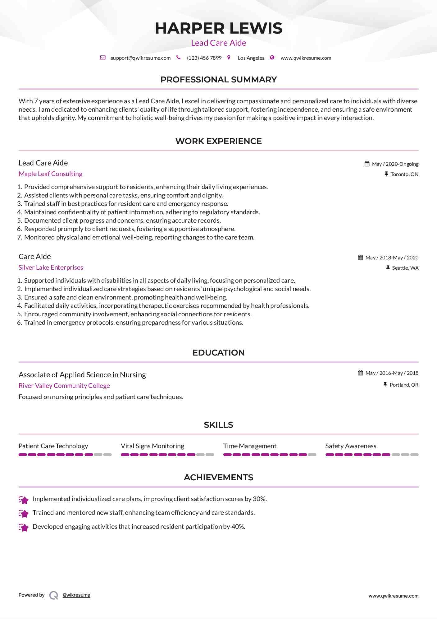 Lead Care Aide Resume Model