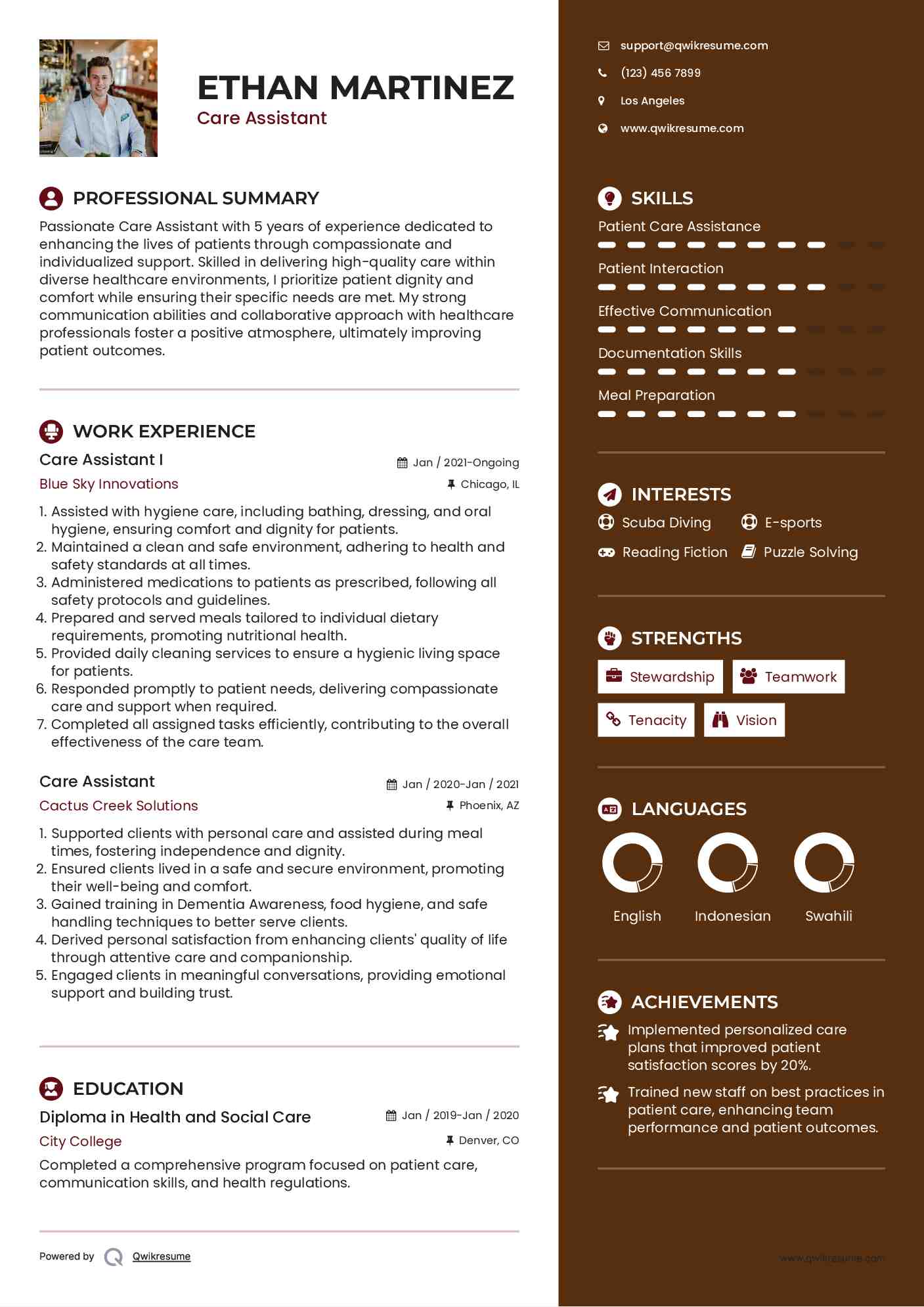 Care Assistant I Resume Example