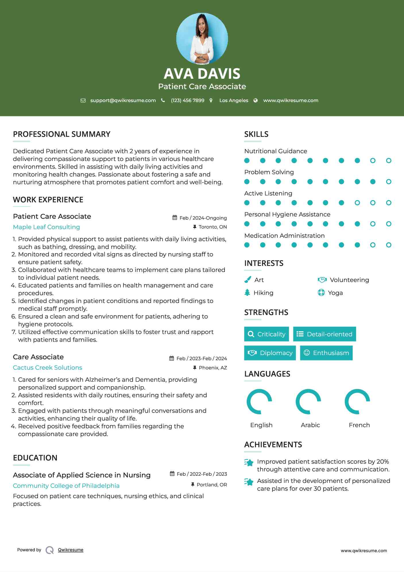 Patient Care Associate Resume Model