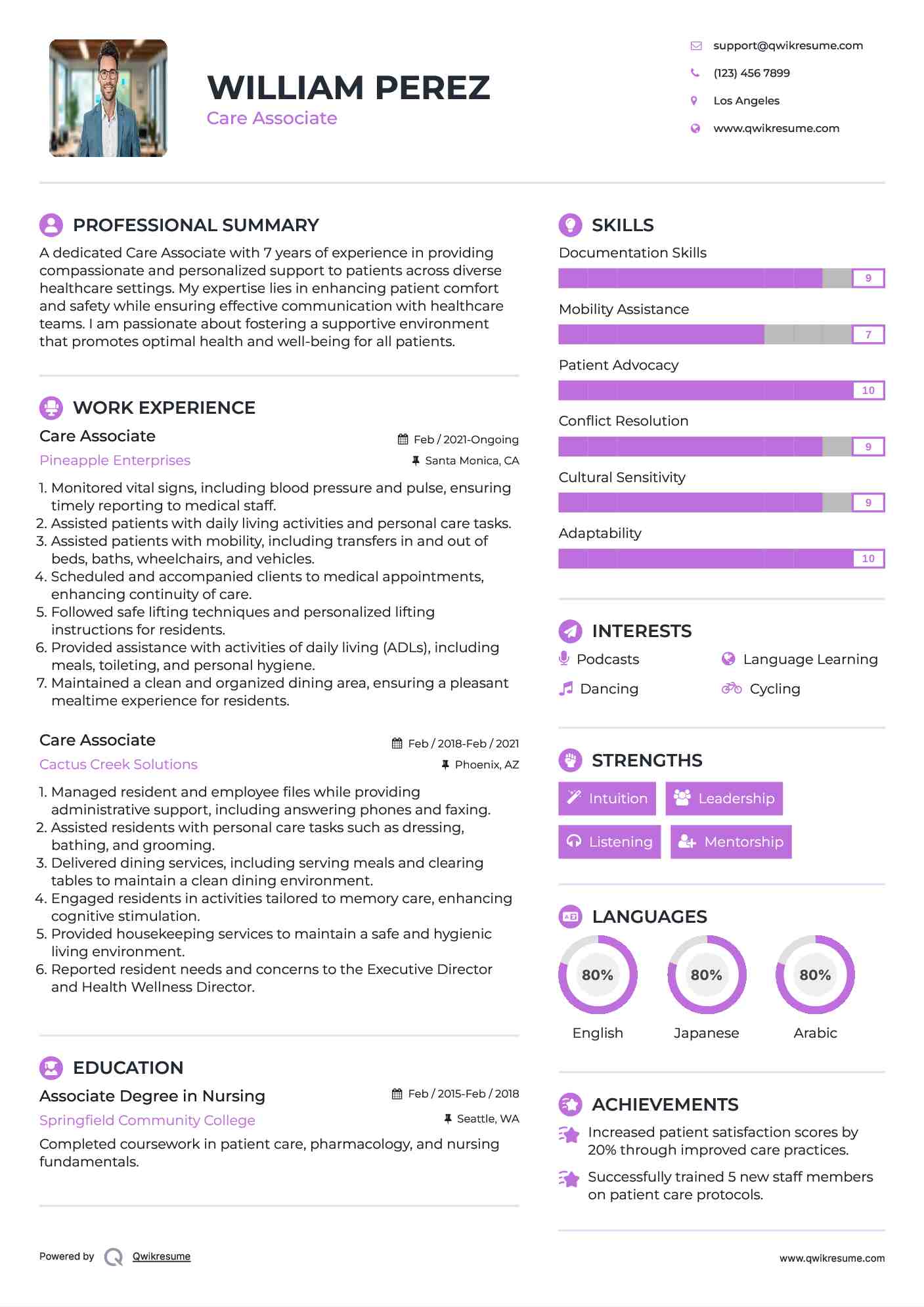 Care Associate Resume Example