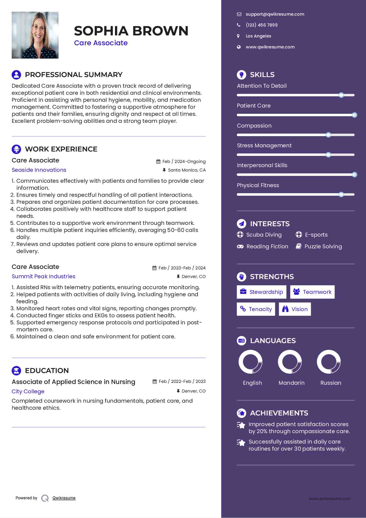 Care Associate Resume Example