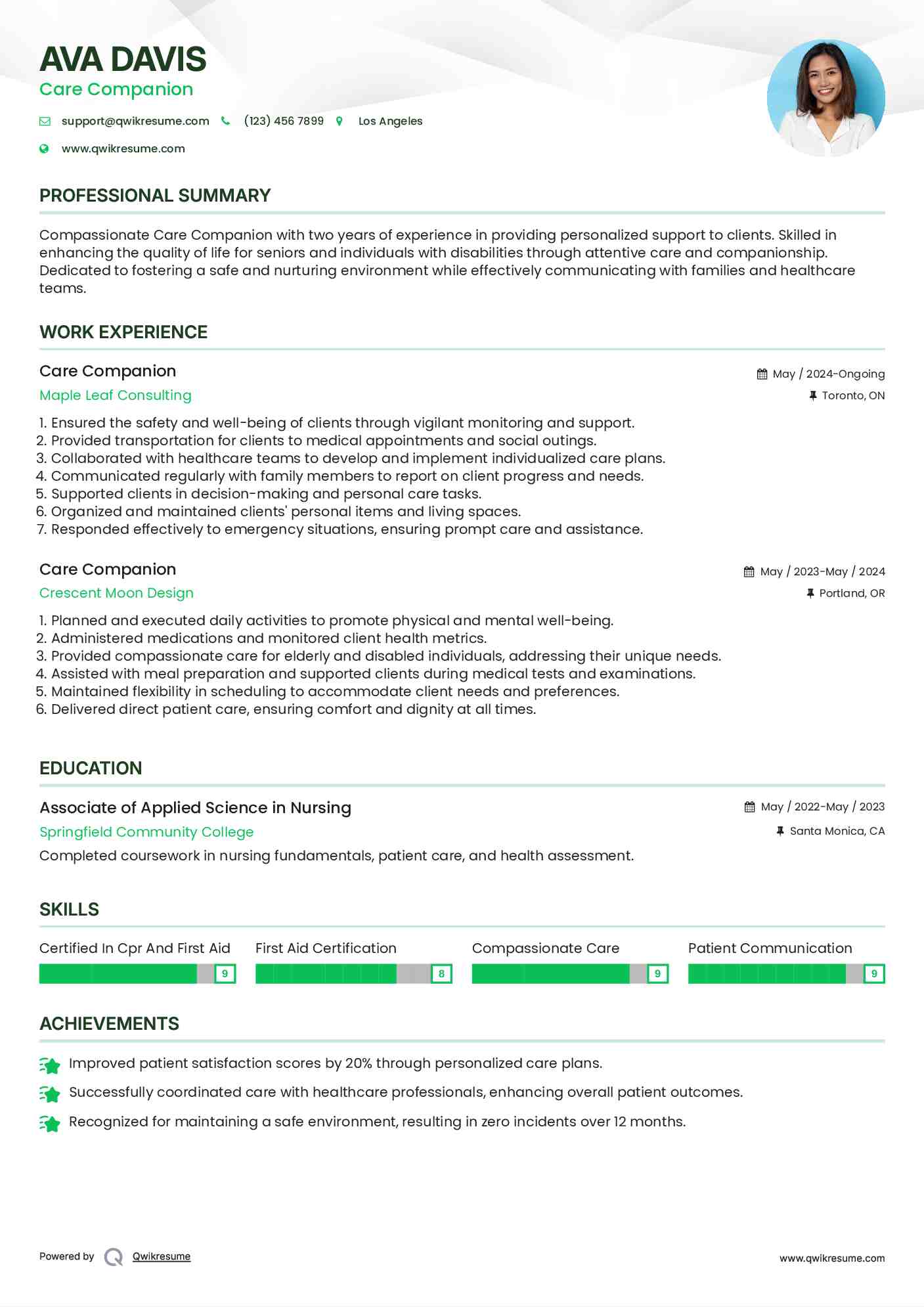 Care Companion Resume Template