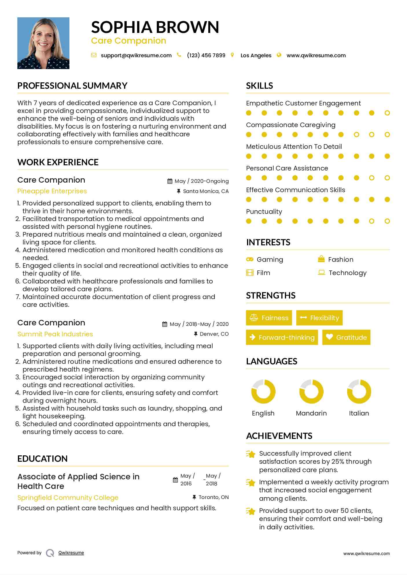Care Companion Resume Format