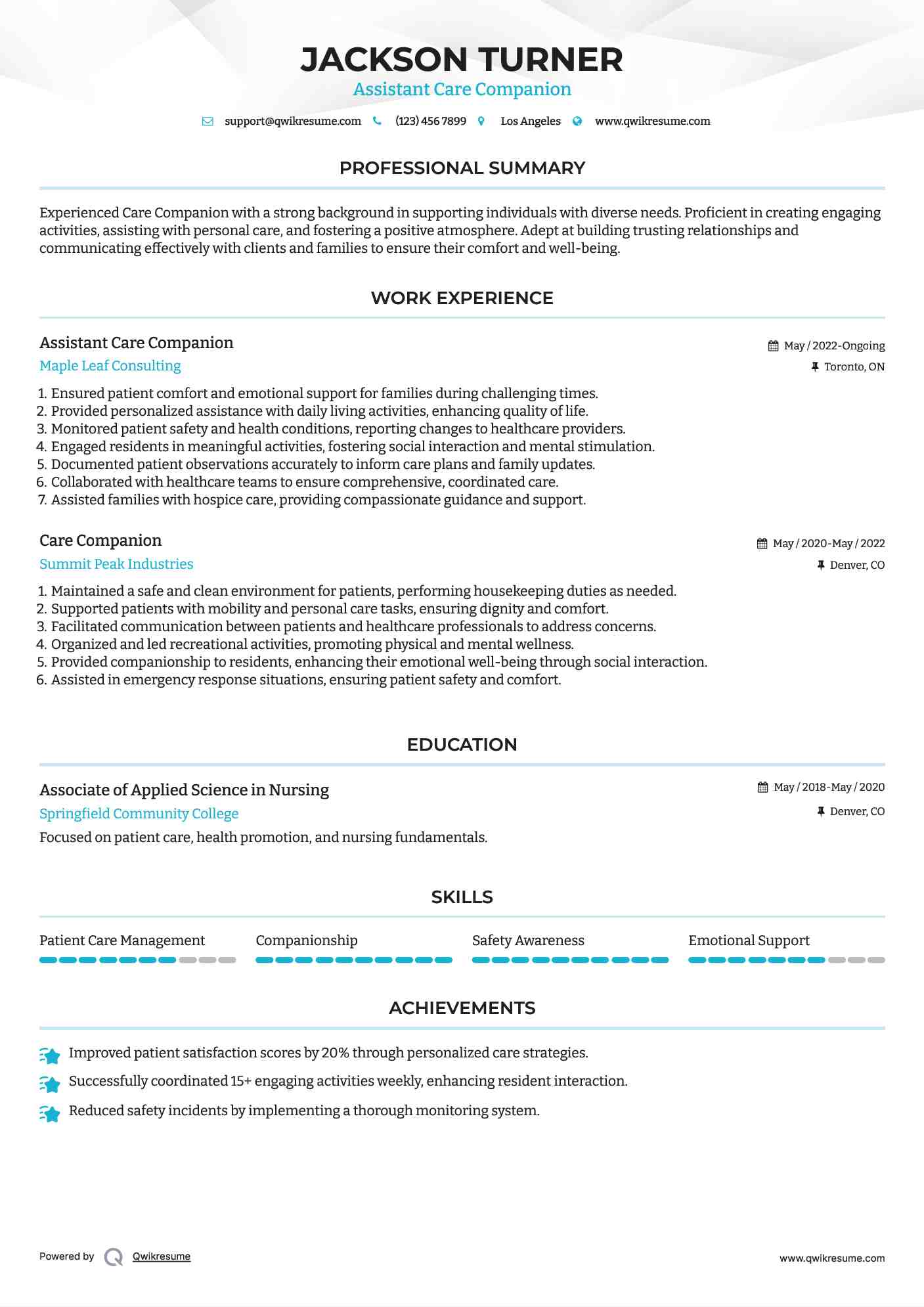 Assistant Care Companion Resume Template