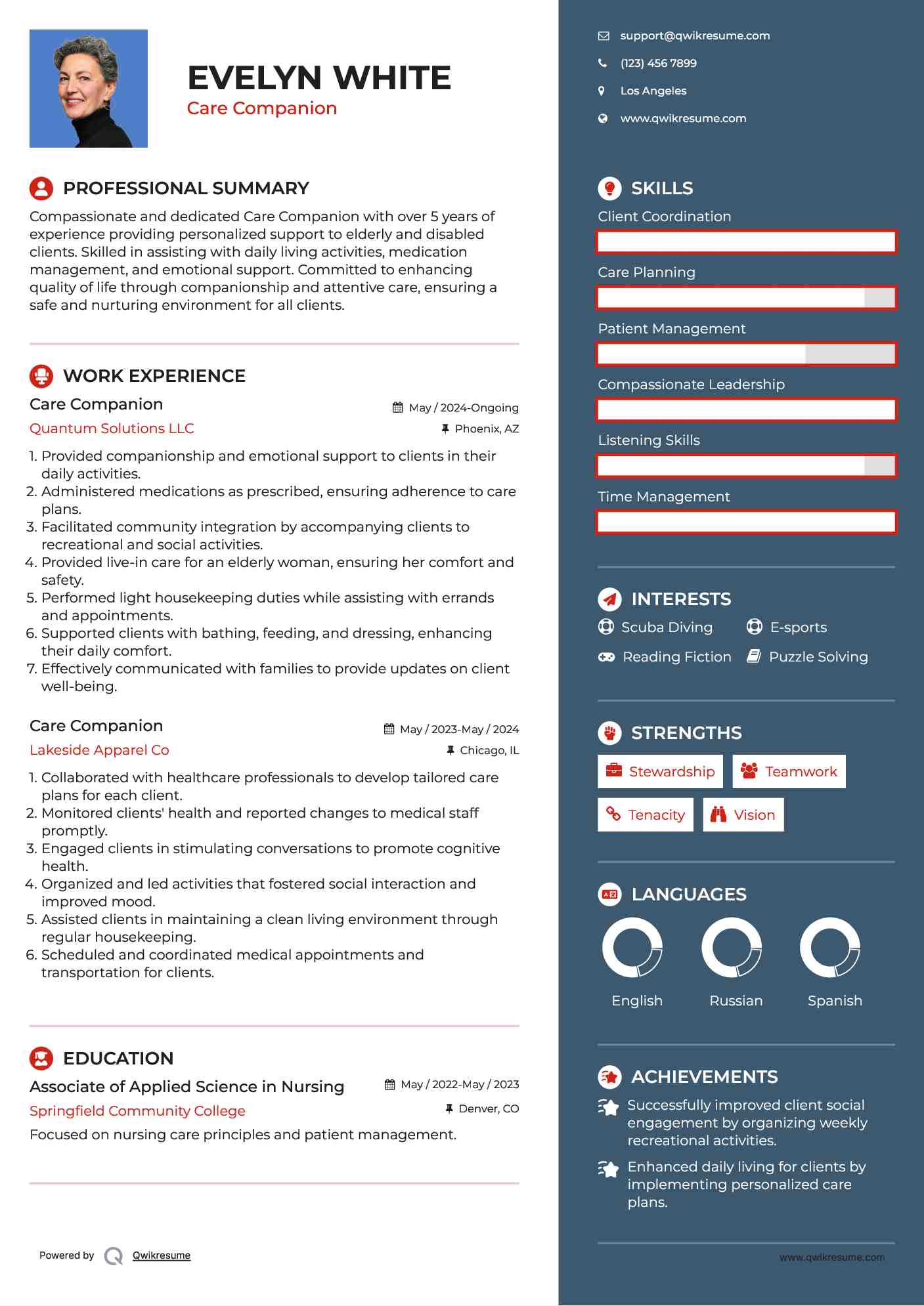 Care Companion Resume Example