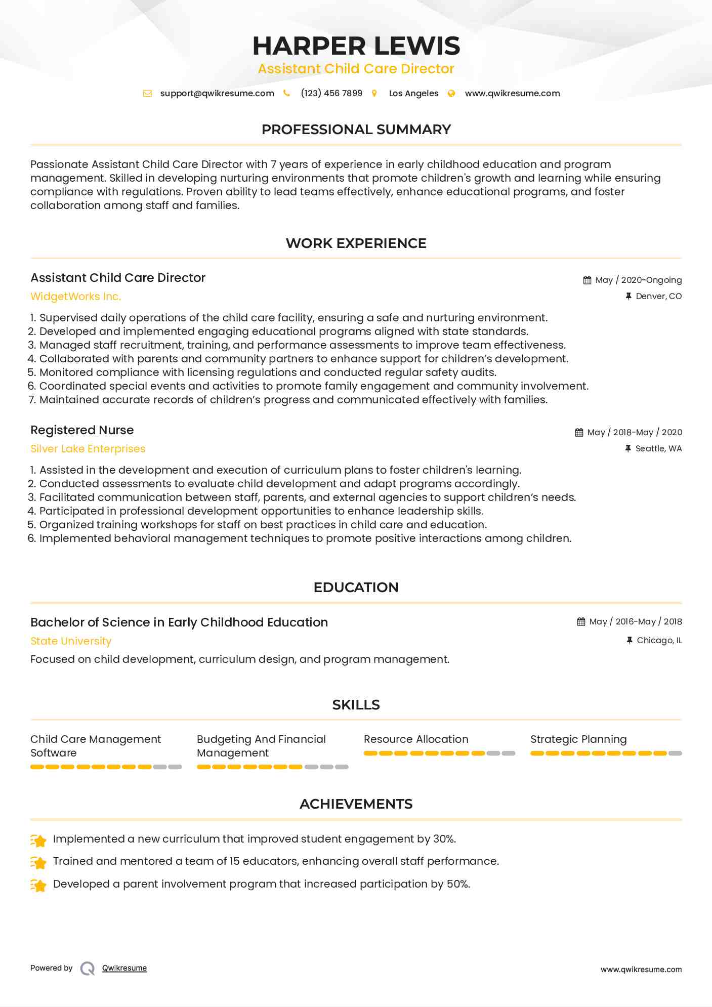 Assistant Child Care Director Resume Example