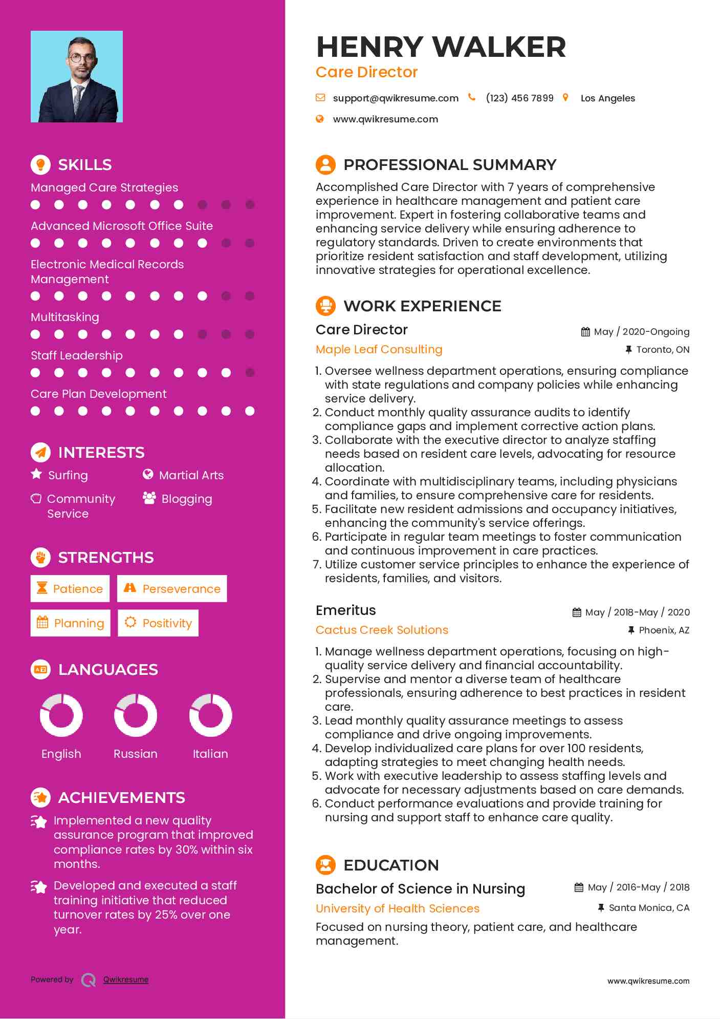 Care Director Resume Sample