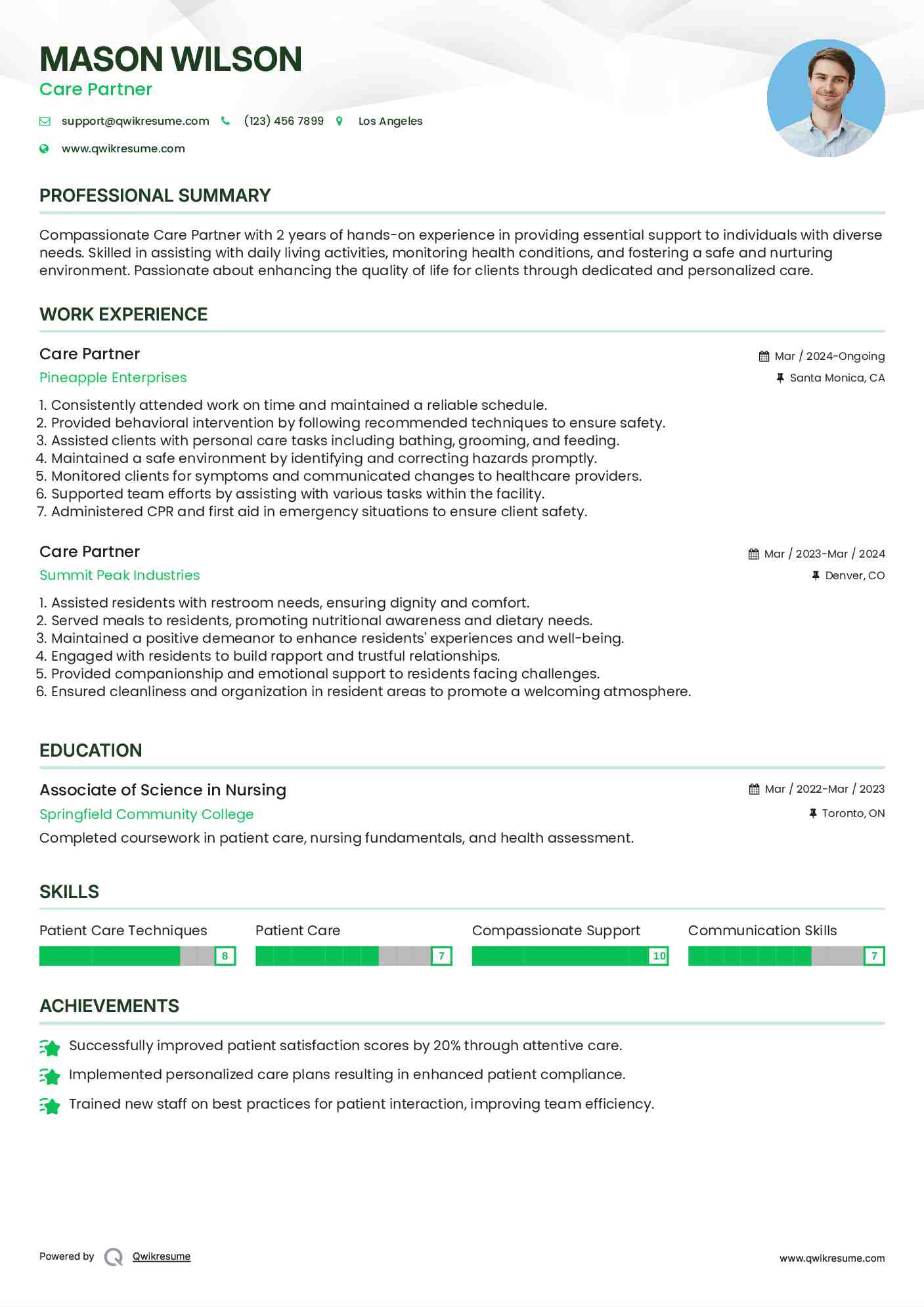 Care Partner Resume Example