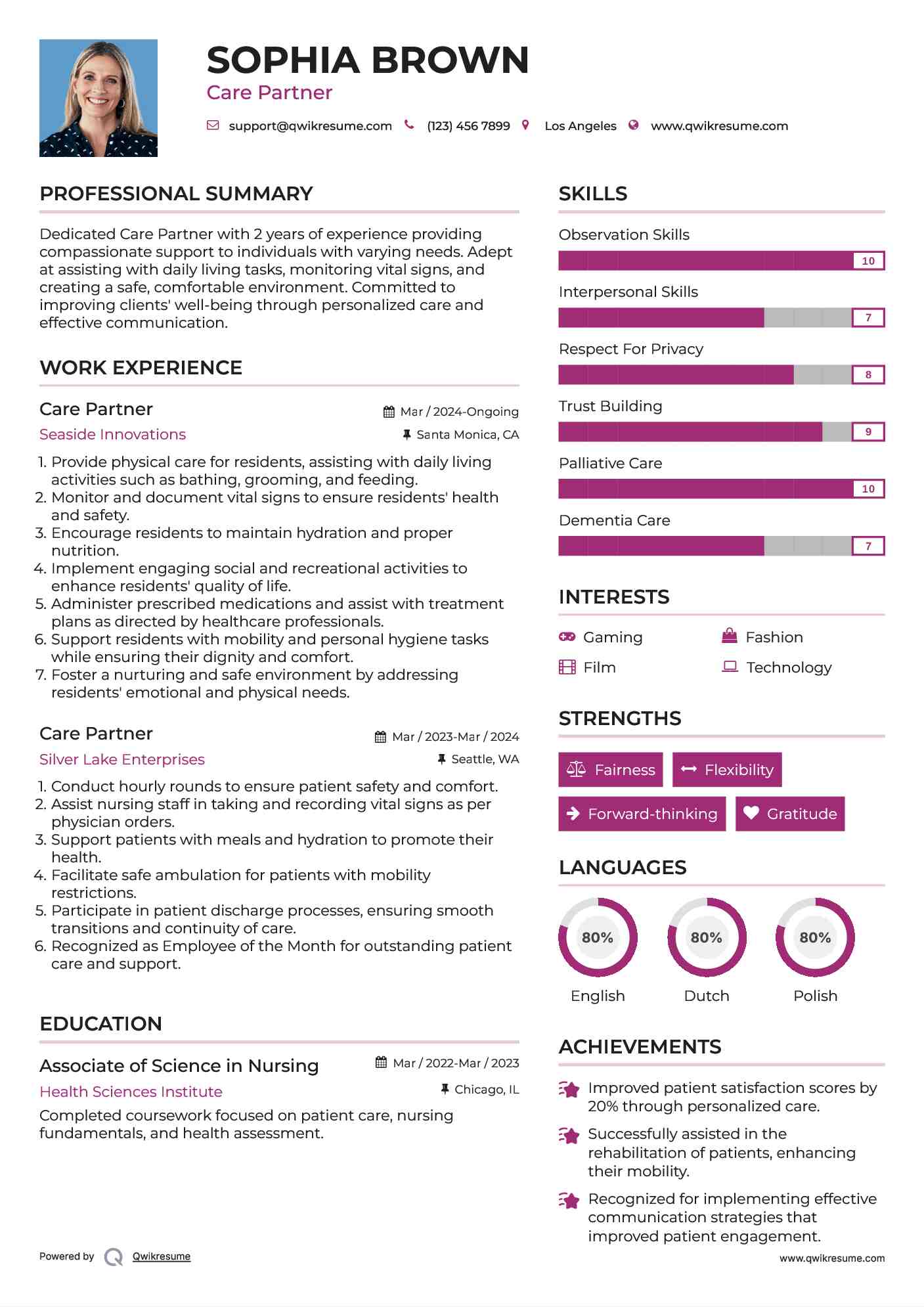 Care Partner Resume Example
