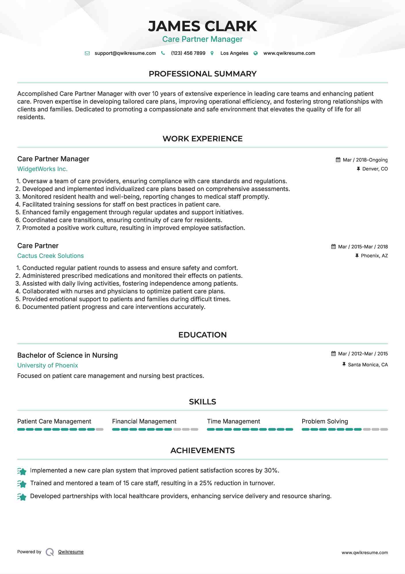 Care Partner Manager Resume Sample