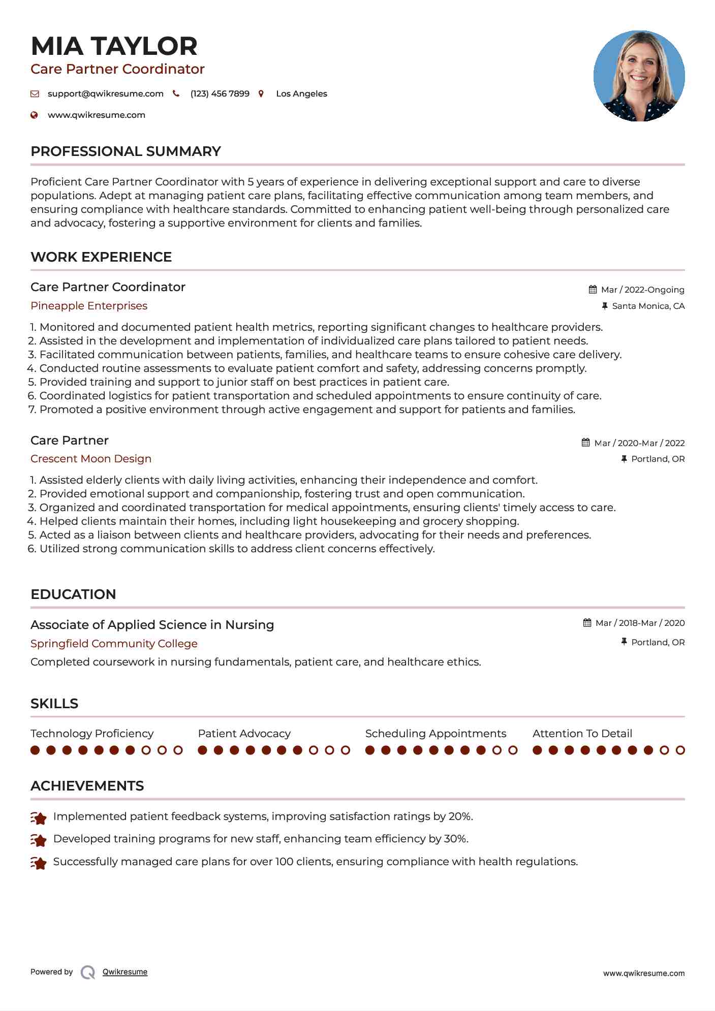 Care Partner Coordinator Resume Model