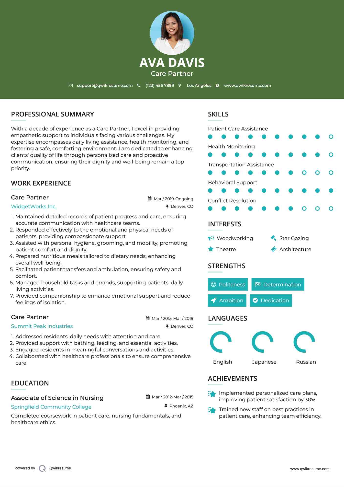 Care Partner Resume Example