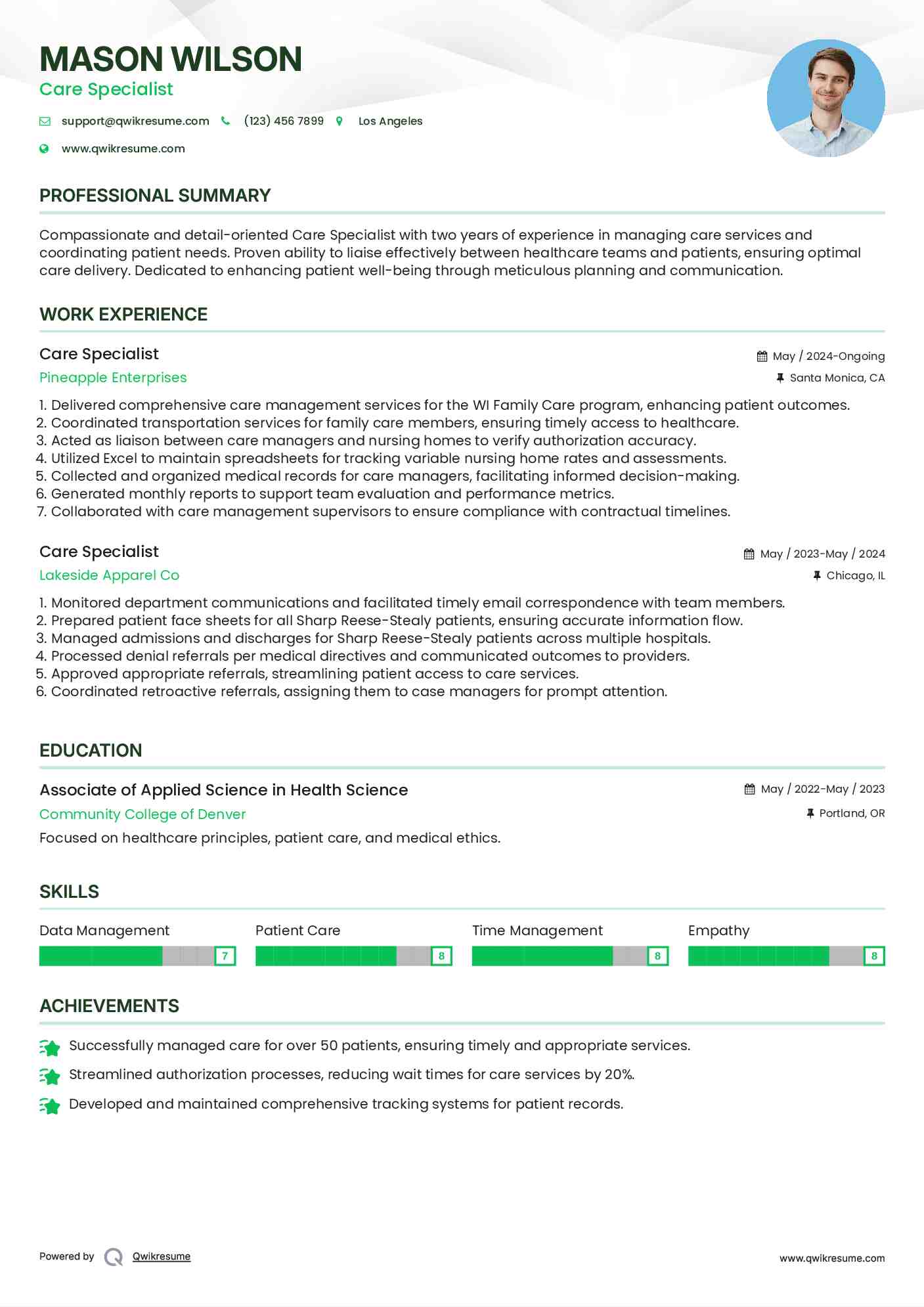Care Specialist Resume Model