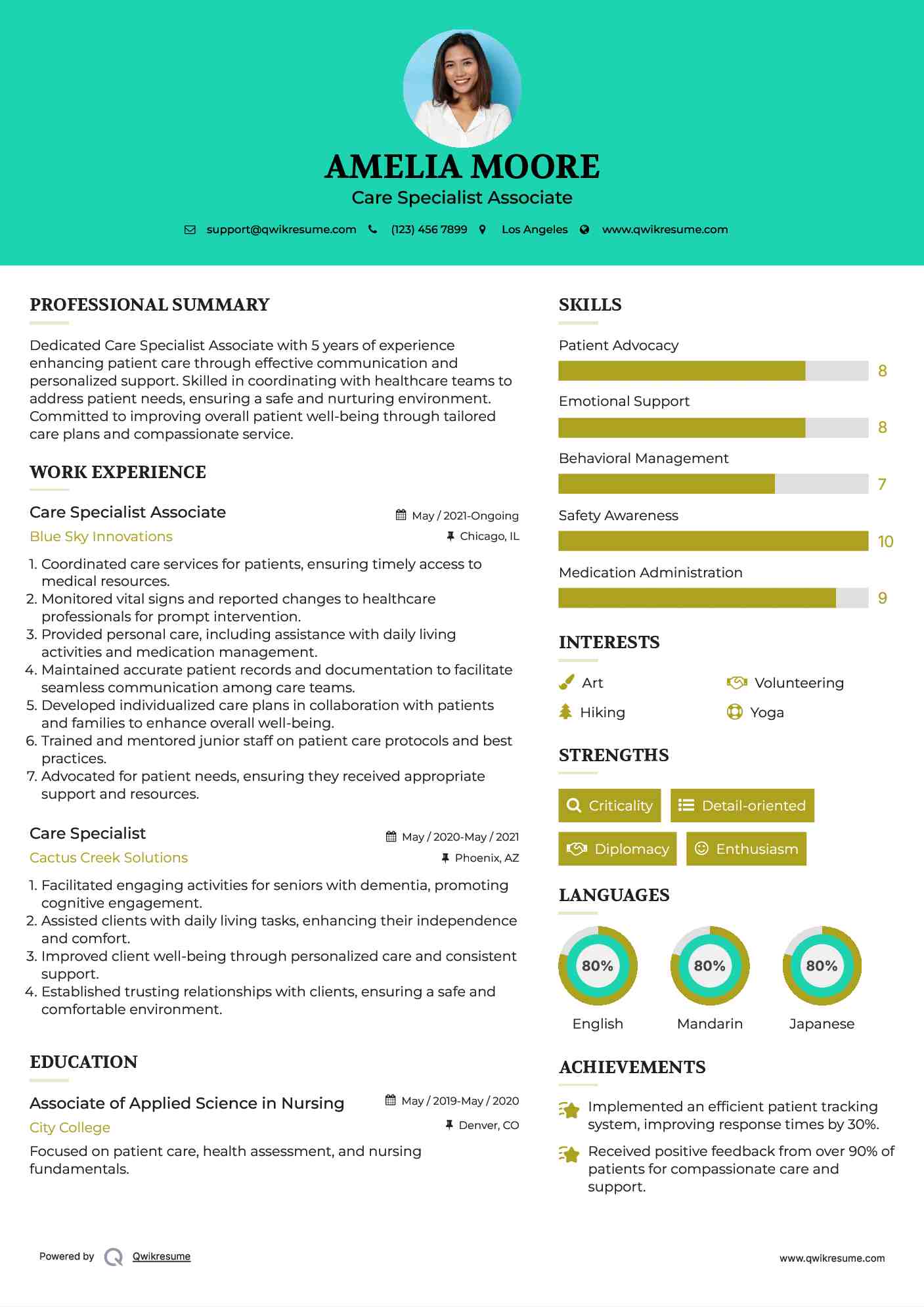 Care Specialist Associate Resume Model