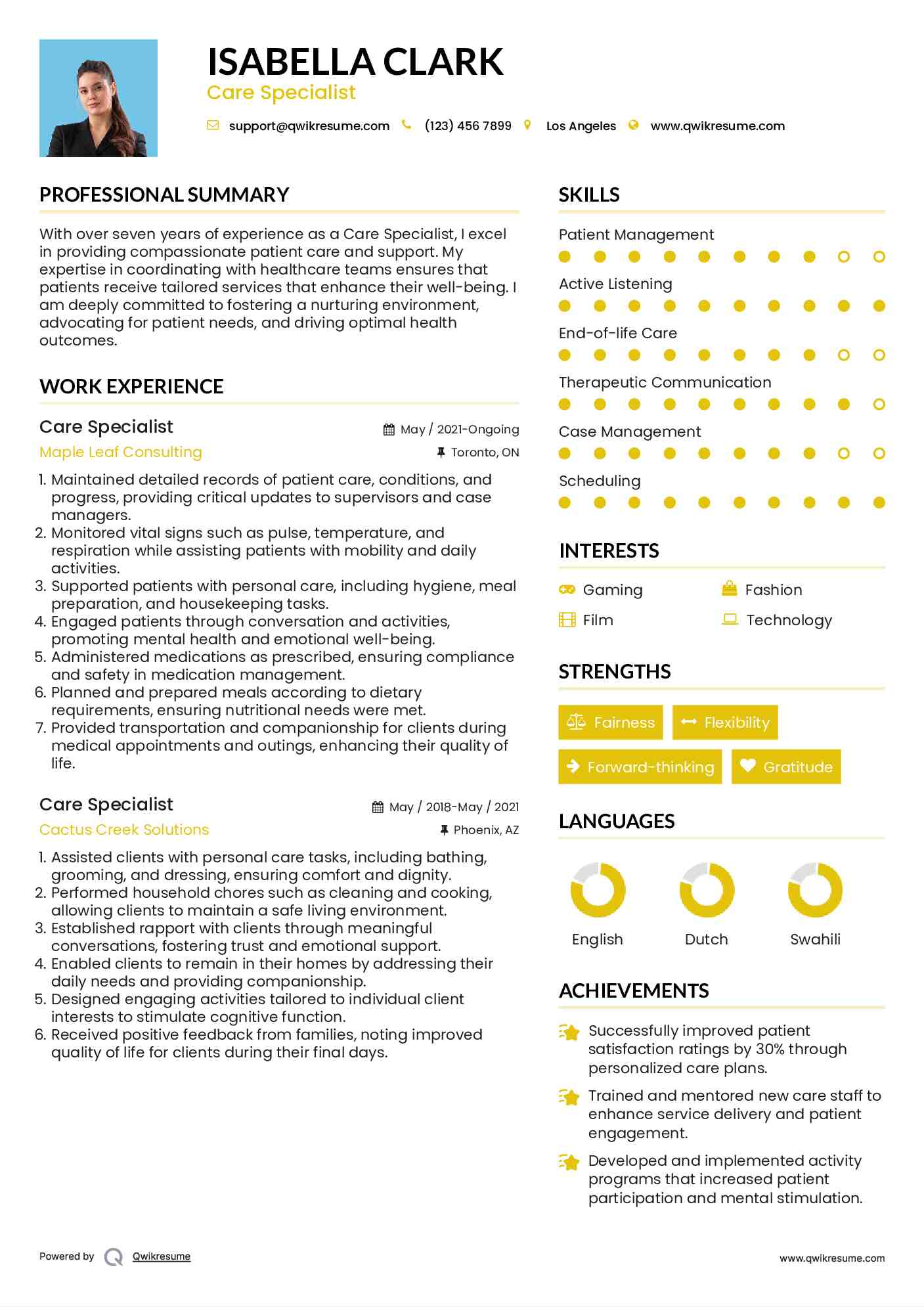 Care Specialist Resume Model