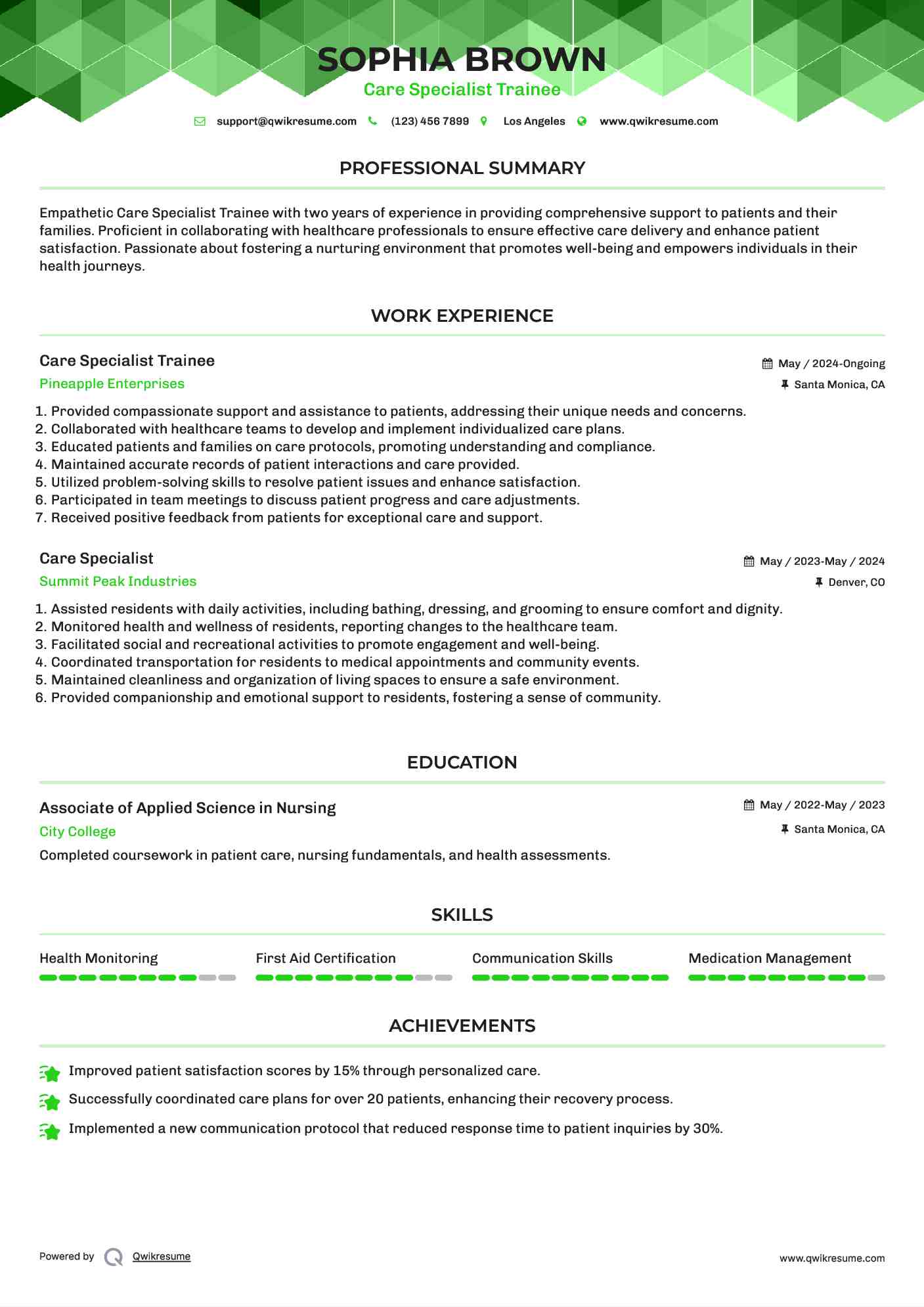 Care Specialist Trainee Resume Model