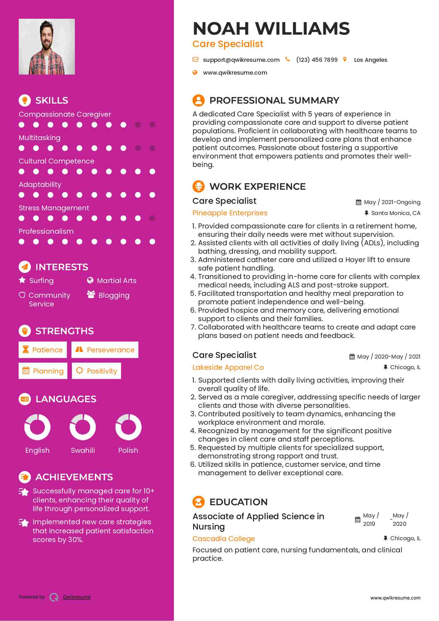 Care Specialist Resume Template
