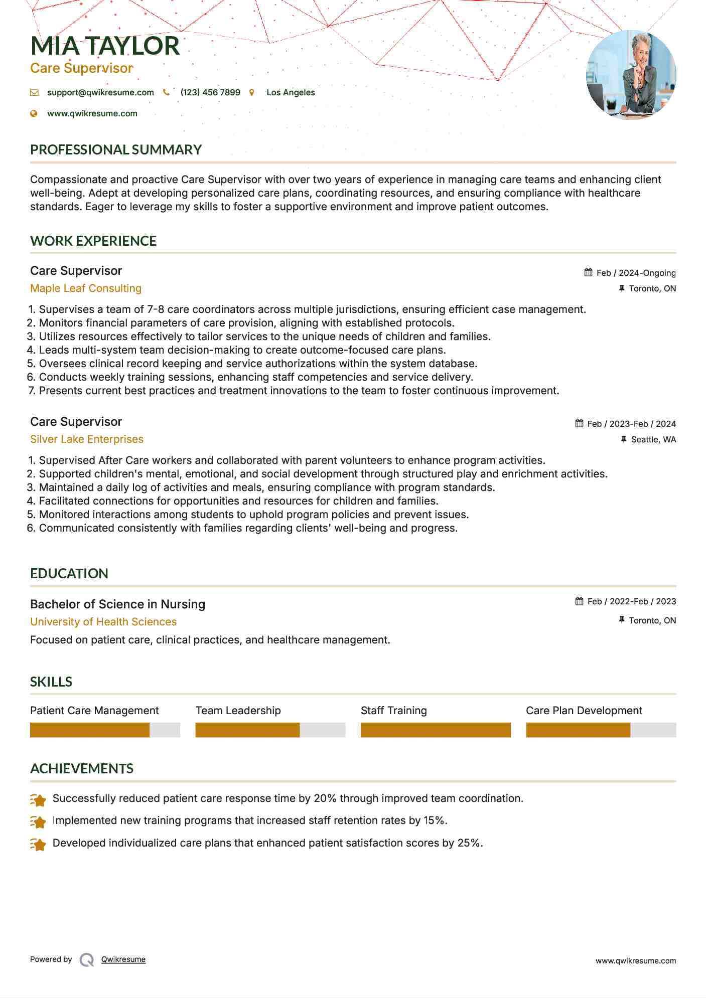 Care Supervisor Resume Sample