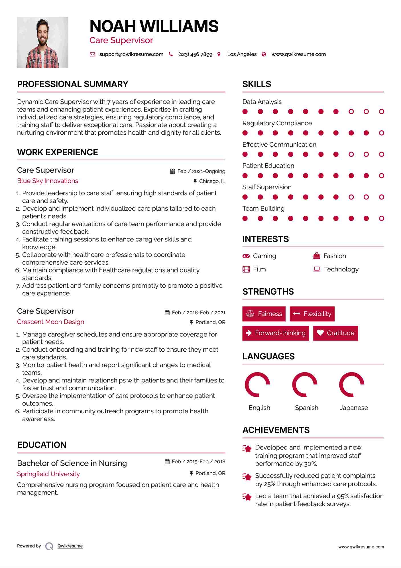 Care Supervisor Resume Example