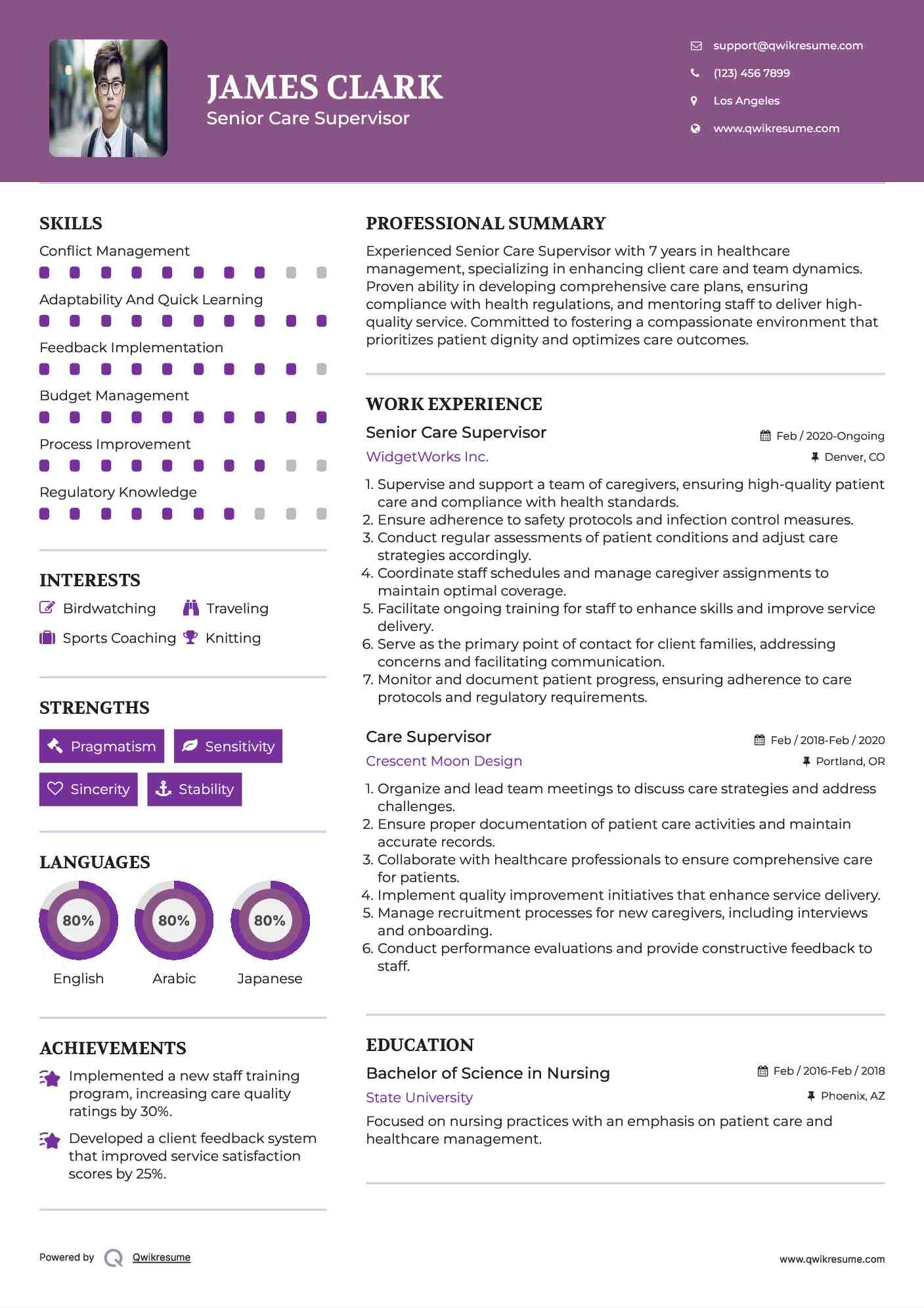 Senior Care Supervisor Resume Sample