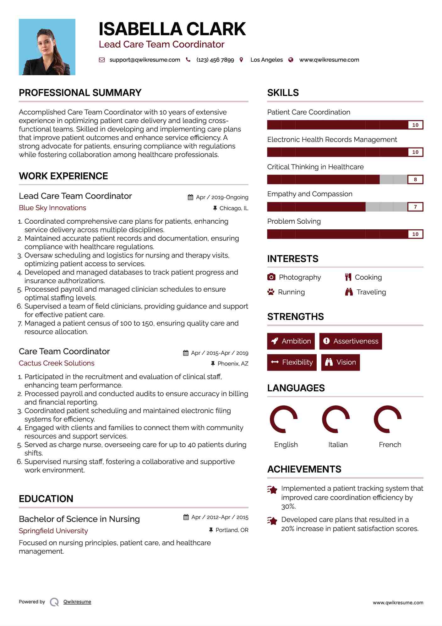Lead Care Team Coordinator Resume Example