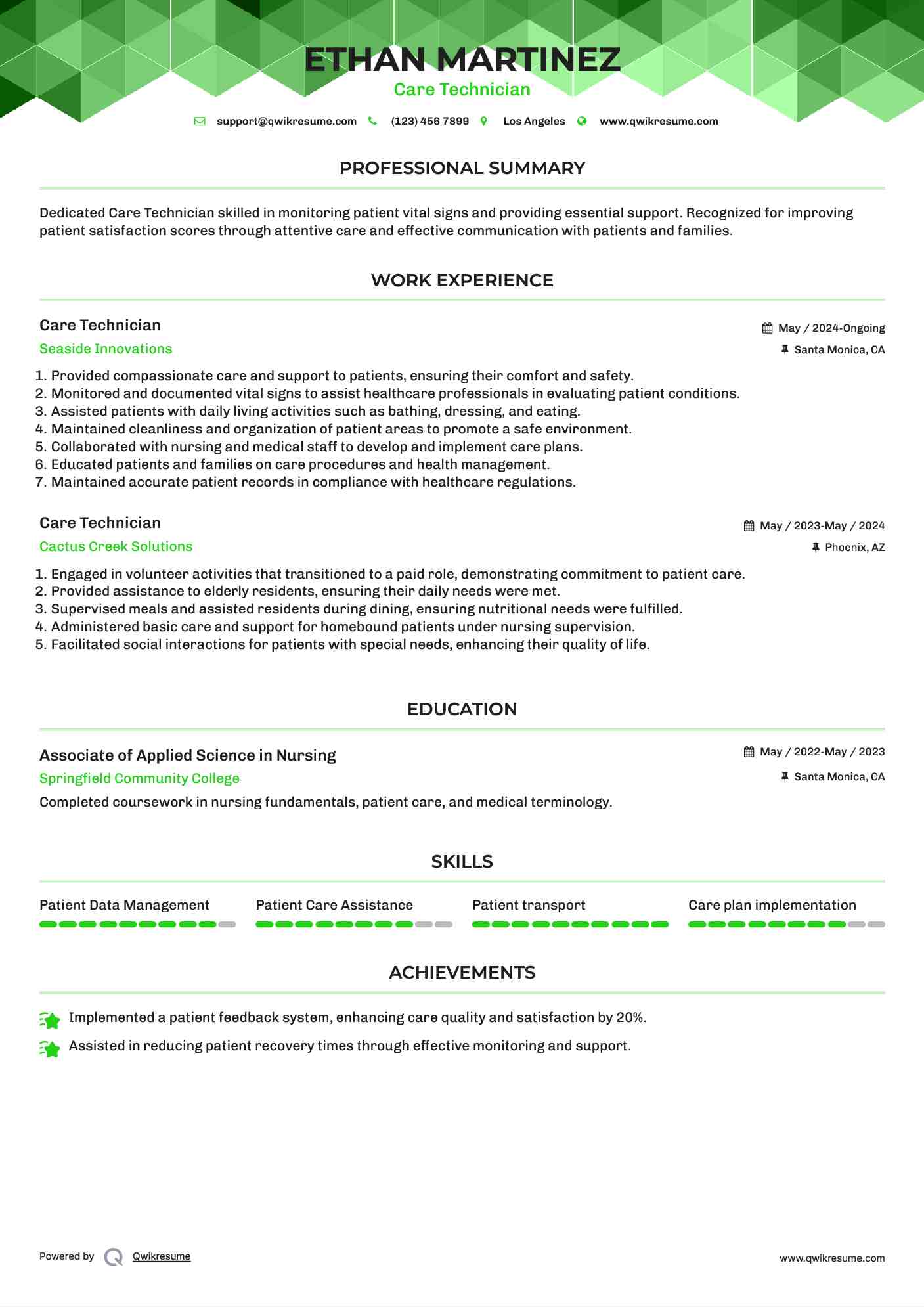 Care Technician Resume Sample