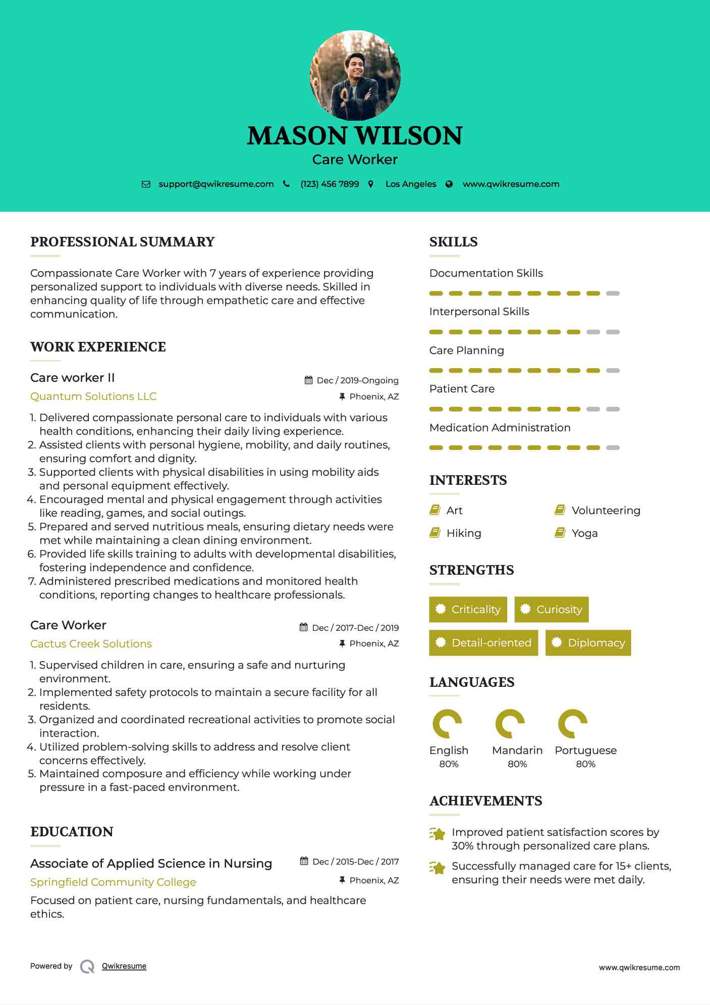 Care worker II Resume Example
