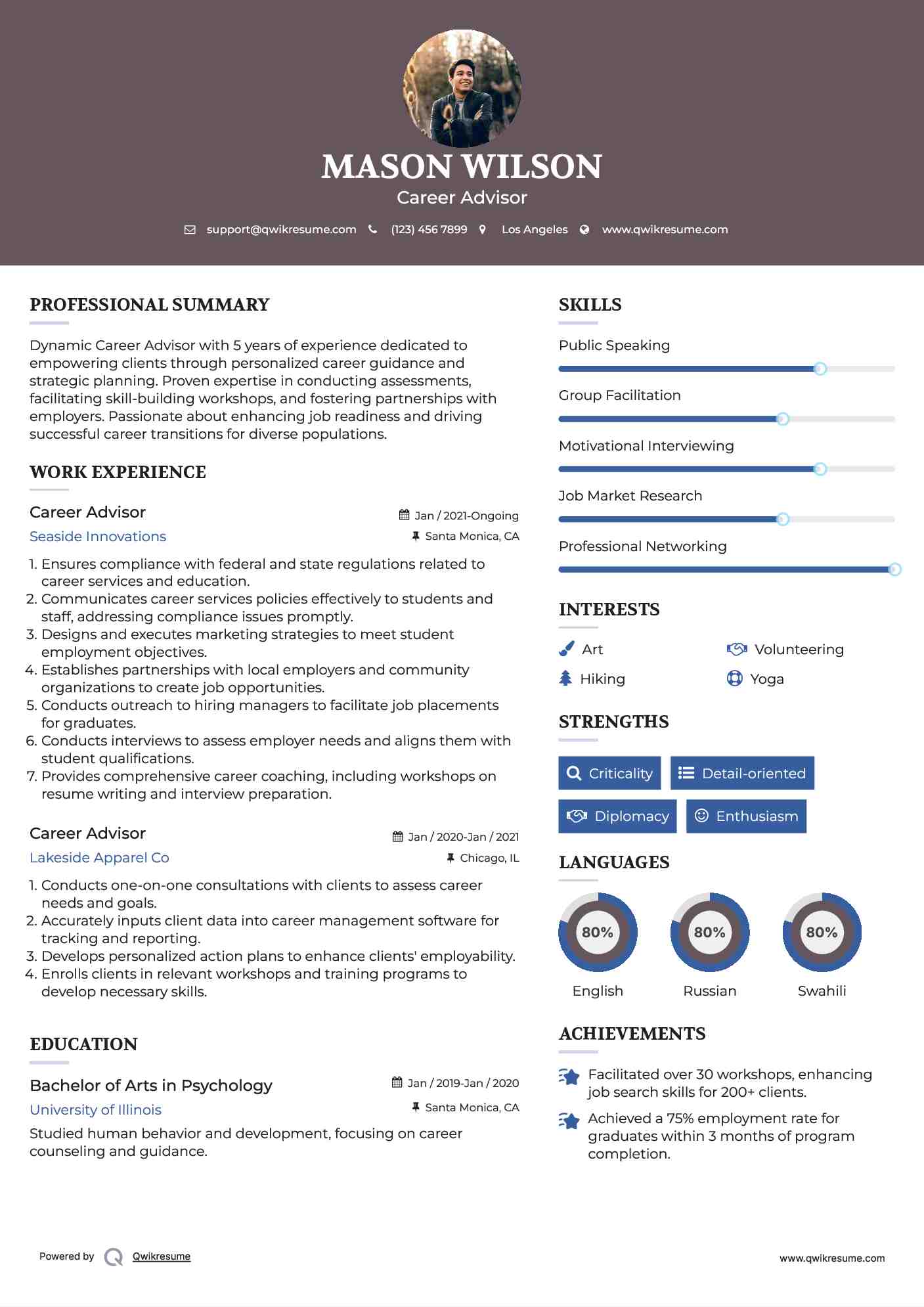 Career Advisor Resume Example