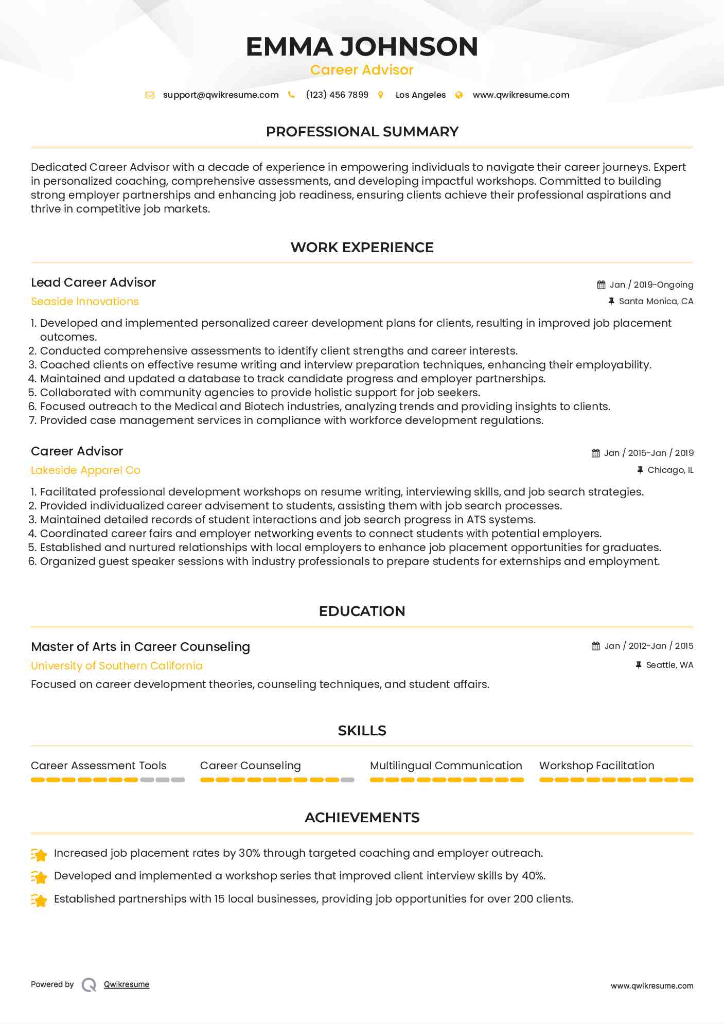 Lead Career Advisor Resume Sample