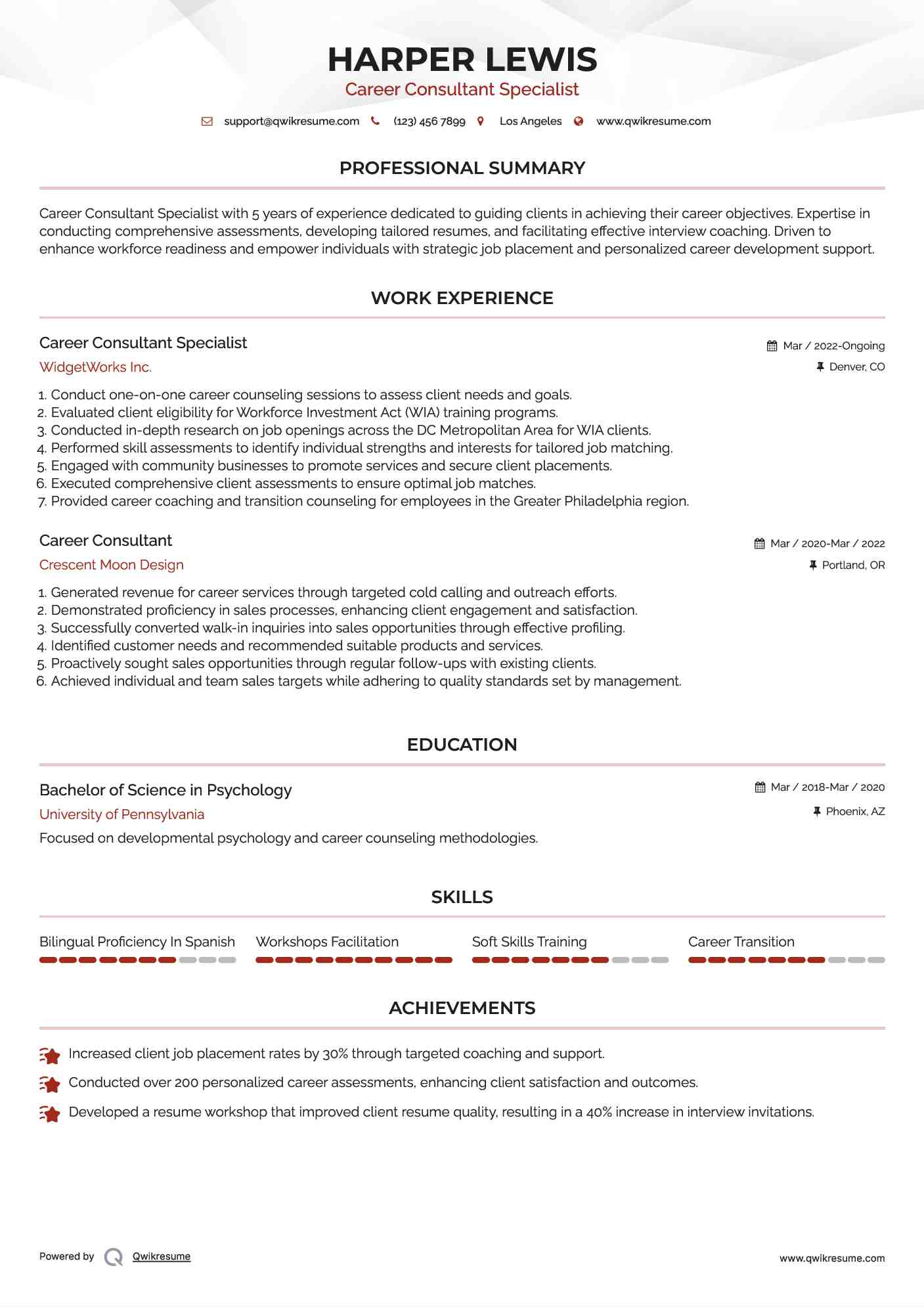 Career Consultant Specialist Resume Example