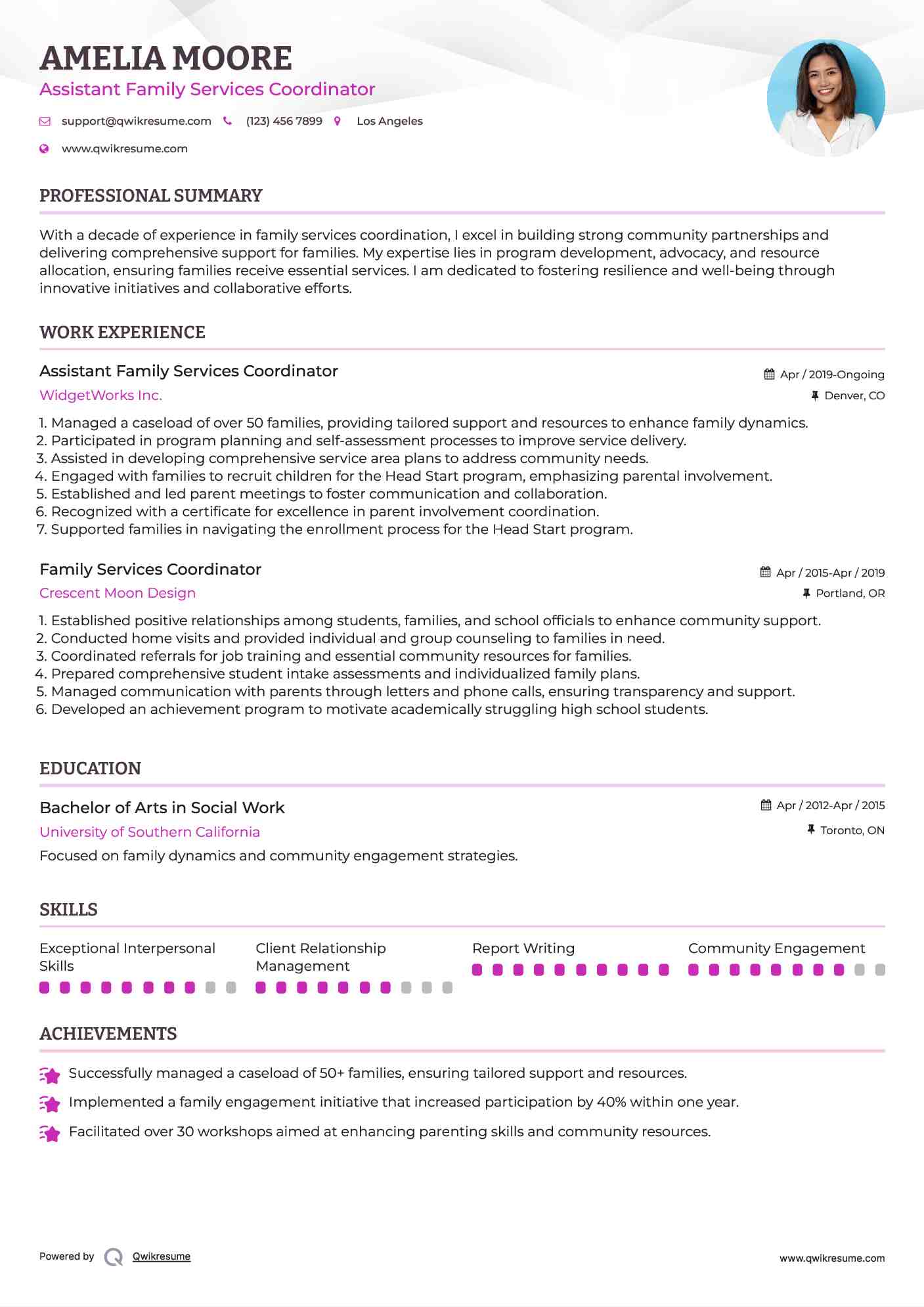 Assistant Family Services Coordinator Resume Sample