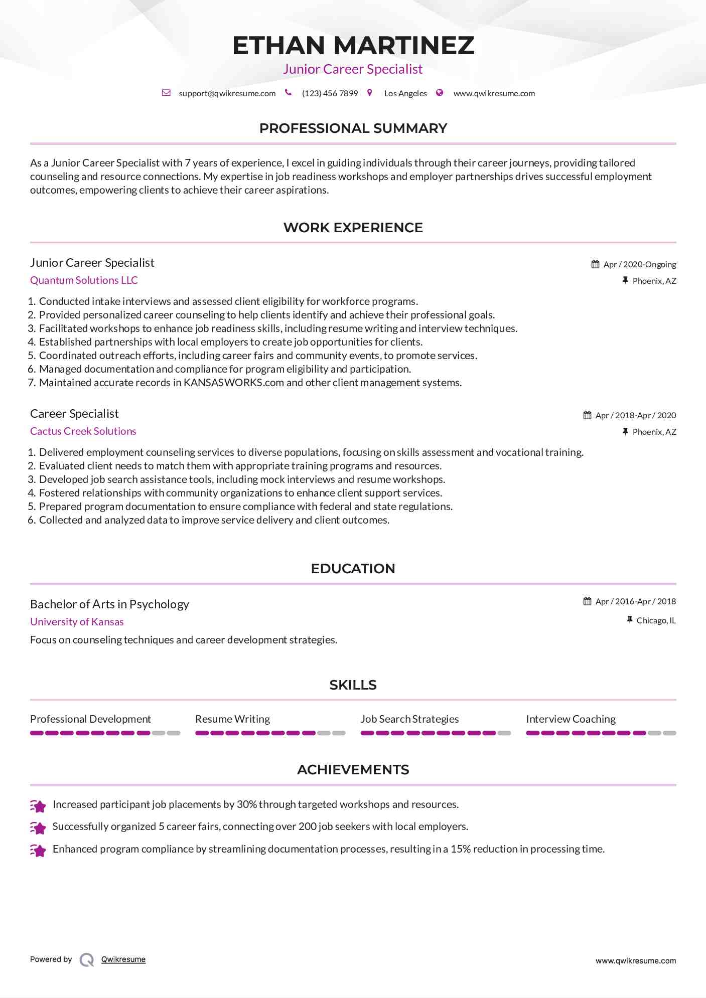 Junior Career Specialist Resume Example