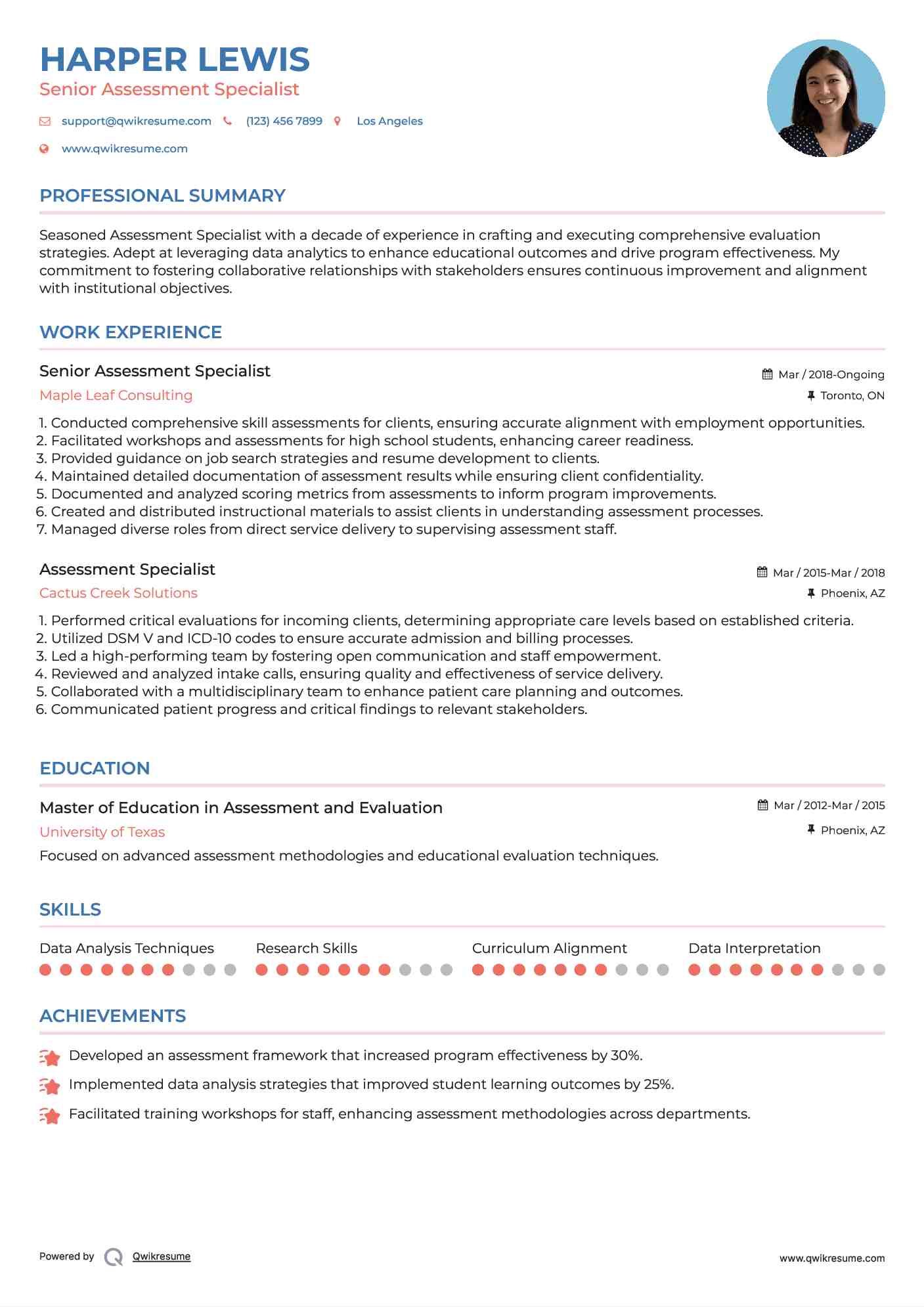 Senior Assessment Specialist Resume Template