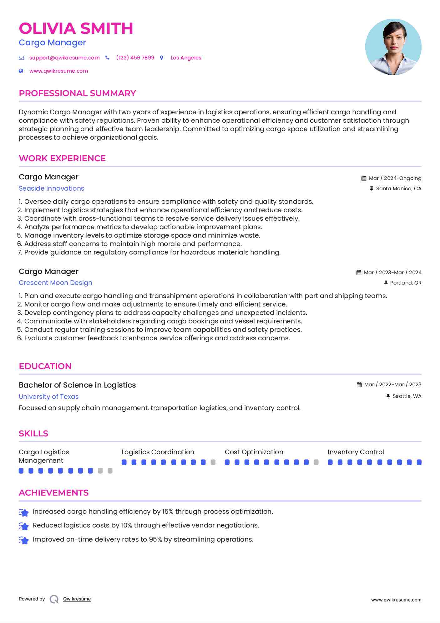 Cargo Manager Resume Model