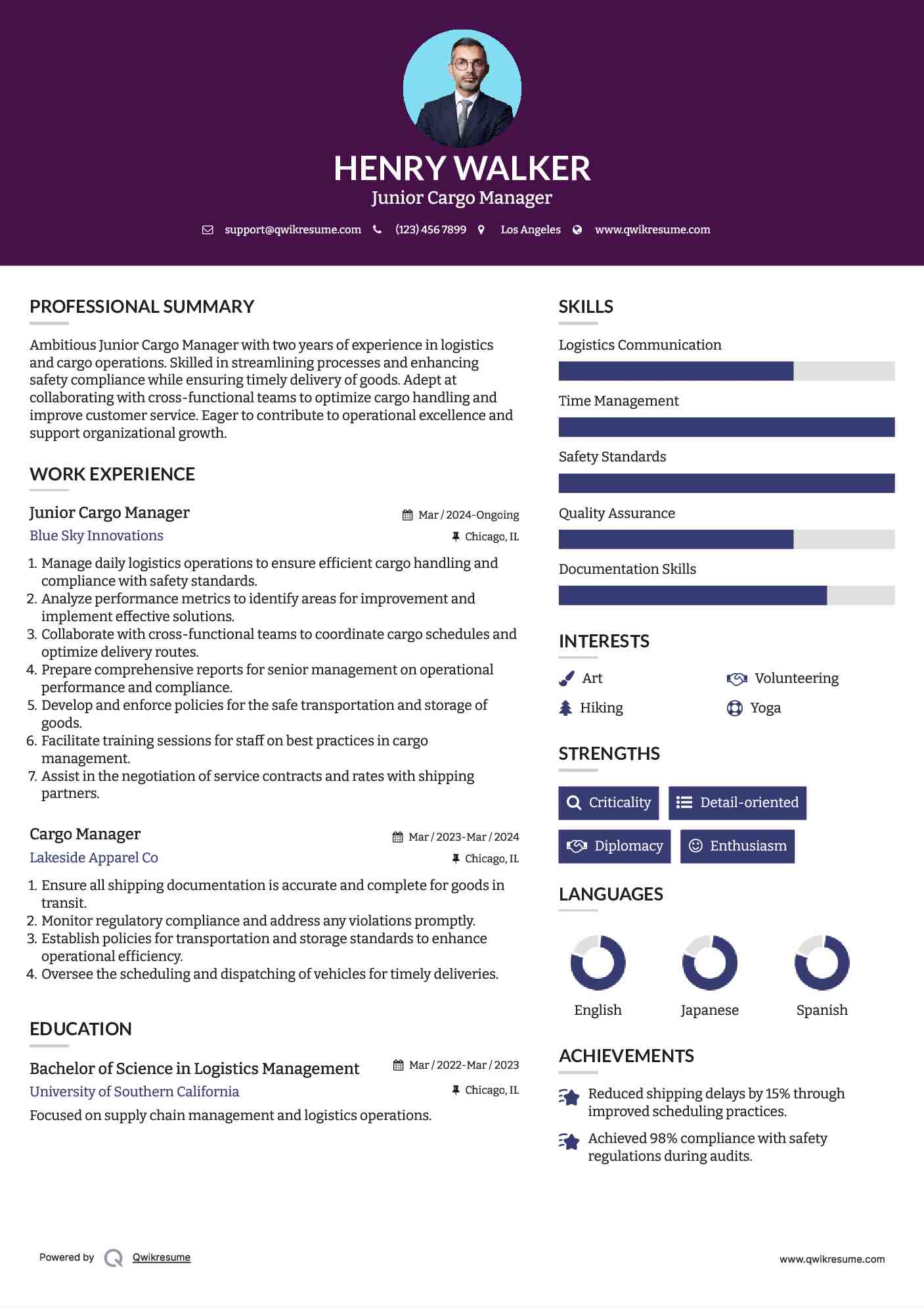 Junior Cargo Manager Resume Model