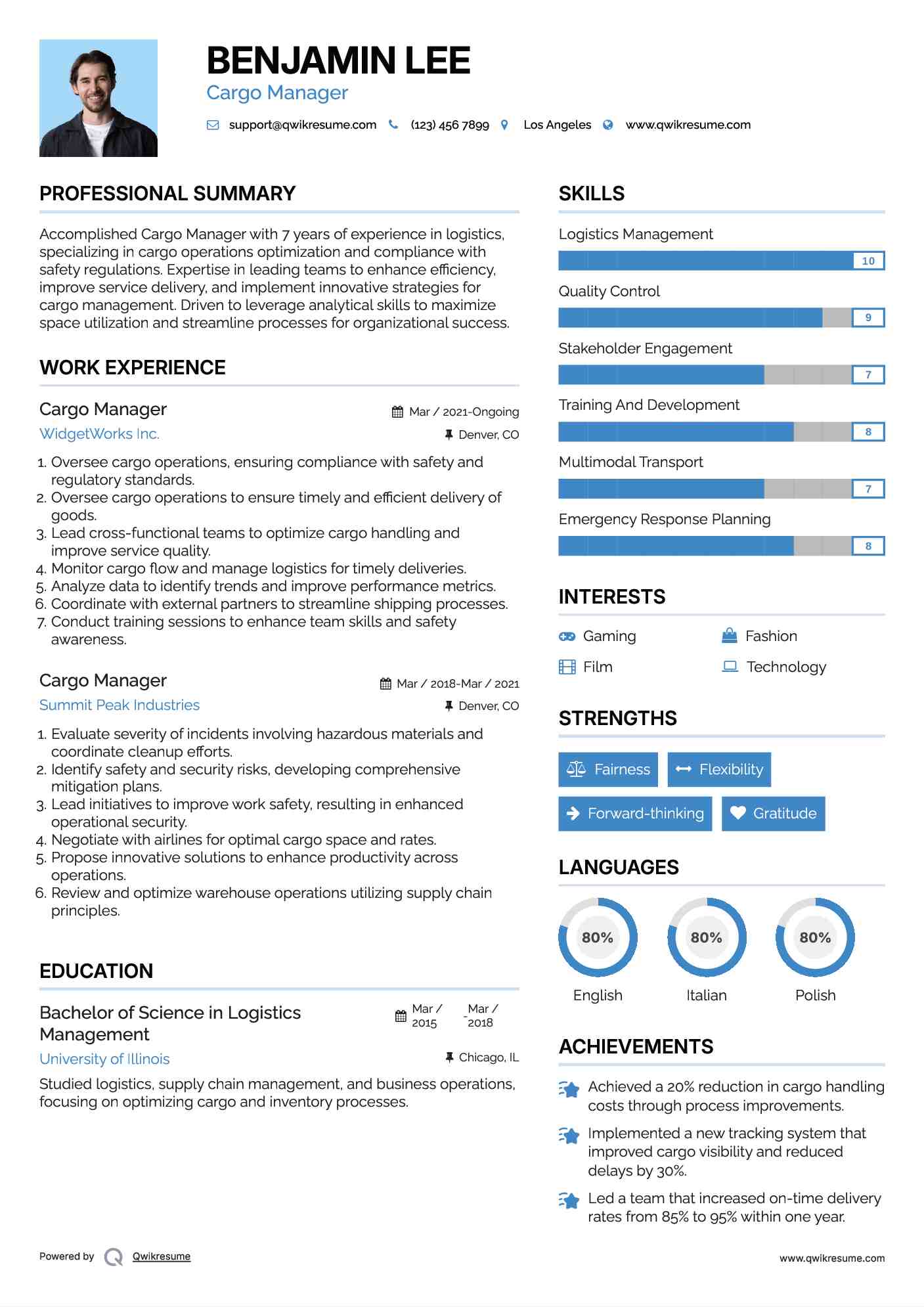 Cargo Manager Resume Example