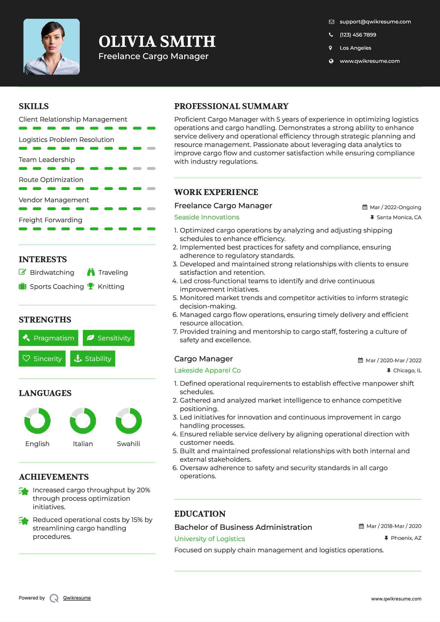 Freelance Cargo Manager Resume Template