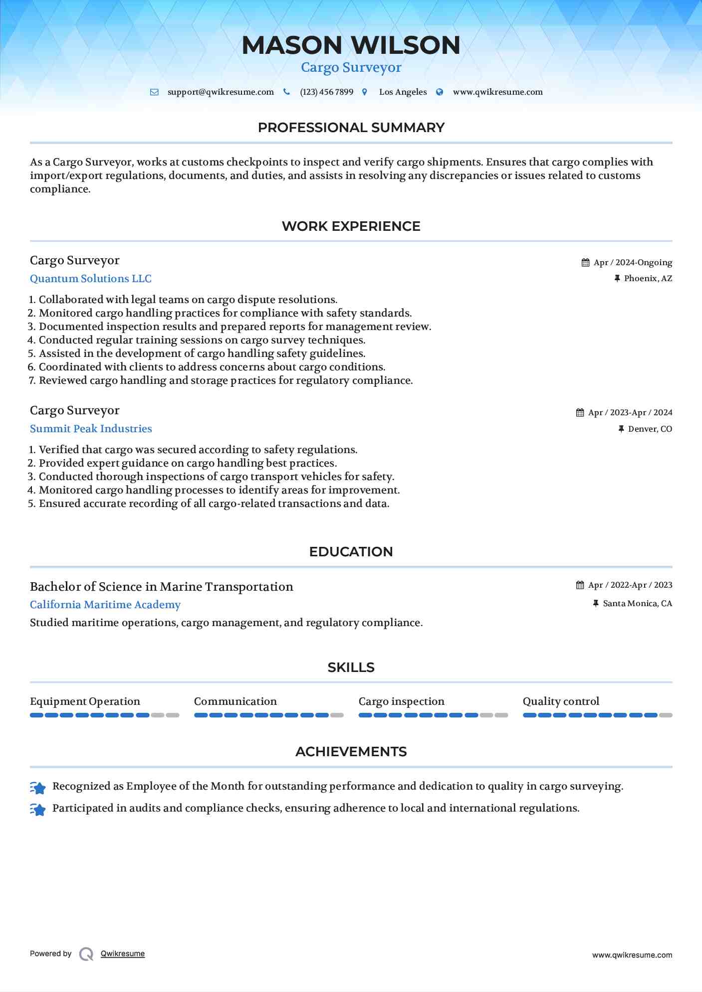 Cargo Surveyor Resume Sample