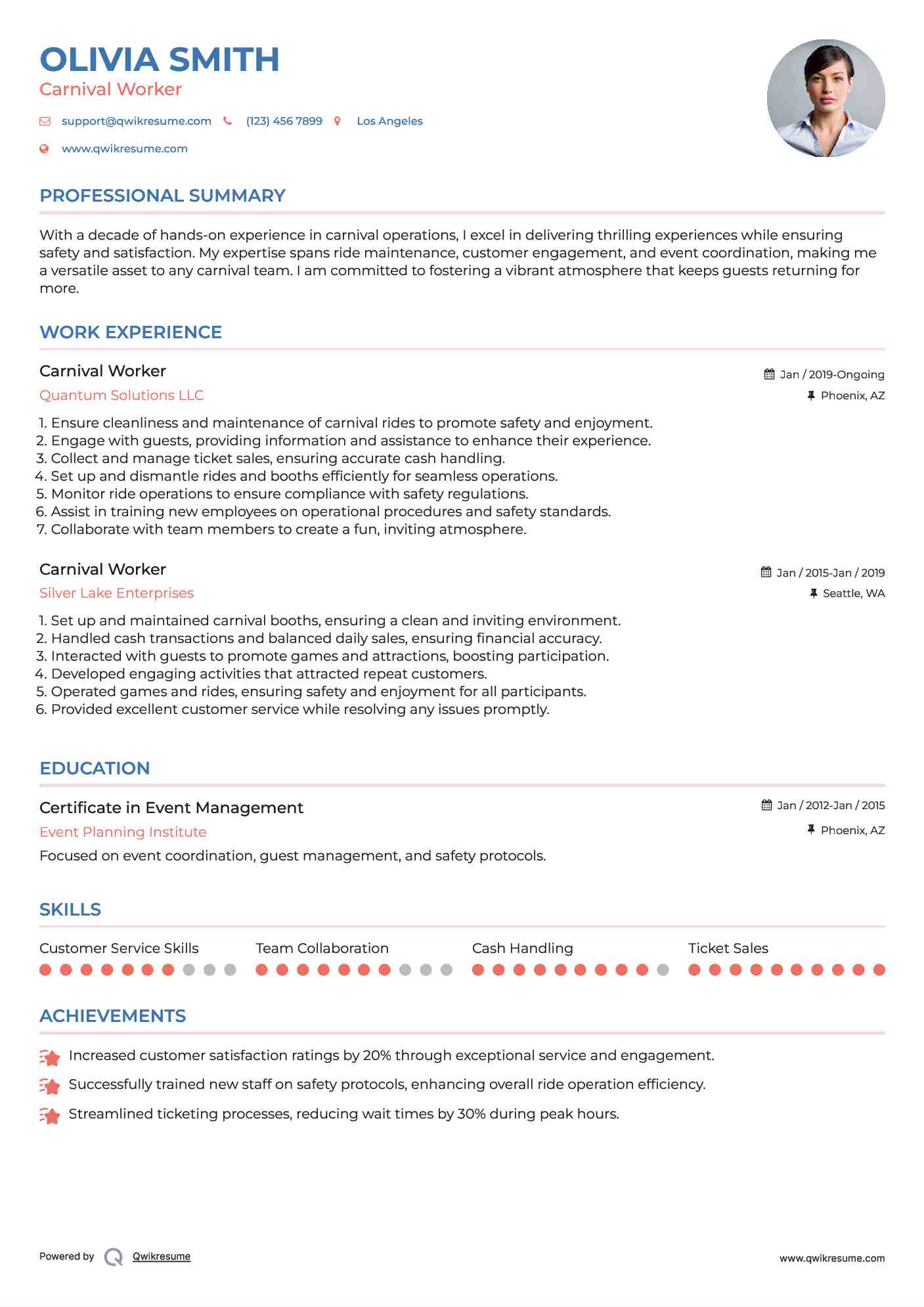 Carnival Worker Resume Sample