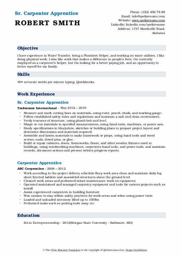 Carpenter Apprentice Resume Samples - Carpenter Apprentice 1559216689 Pdf 