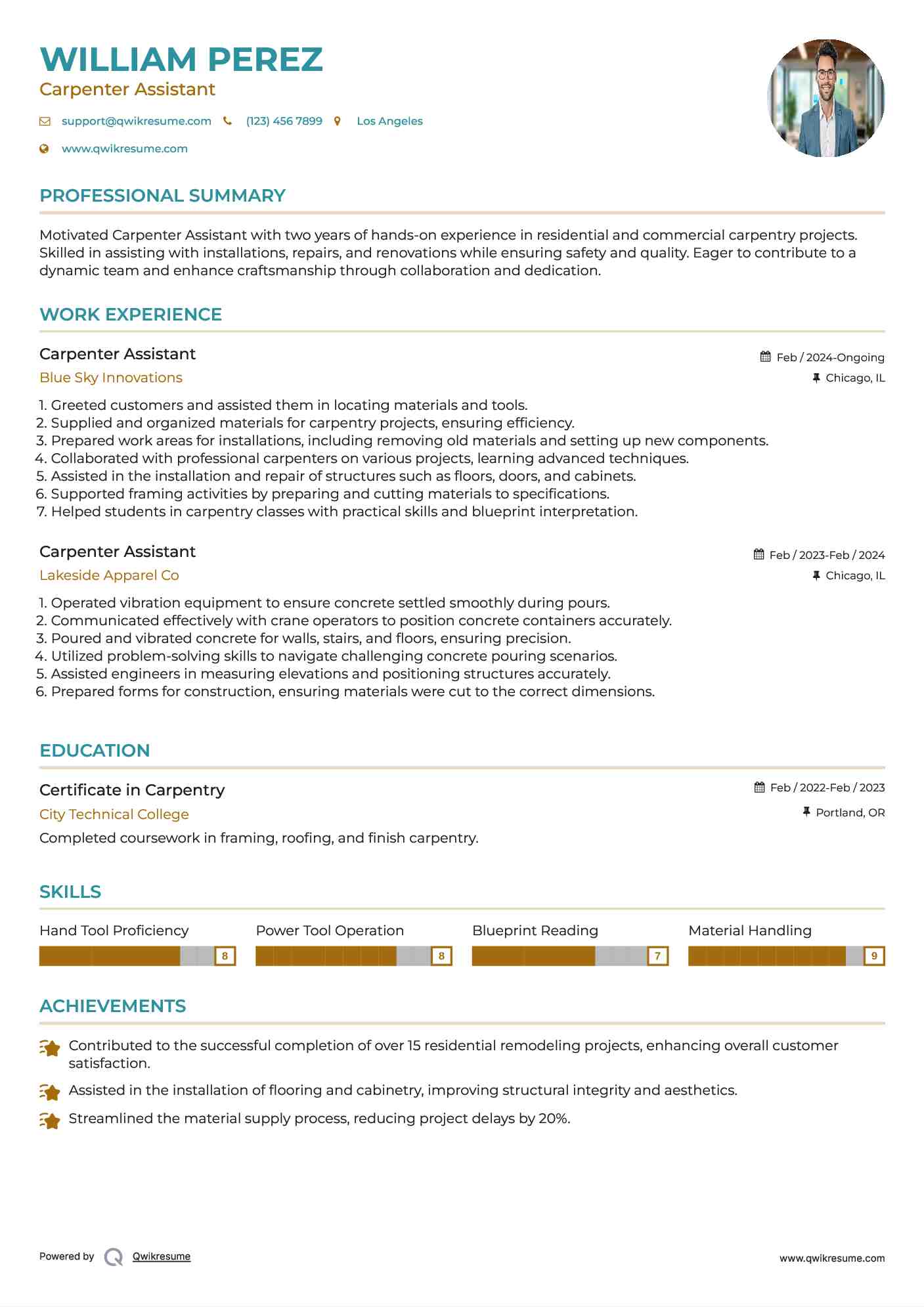Carpenter Assistant Resume Sample