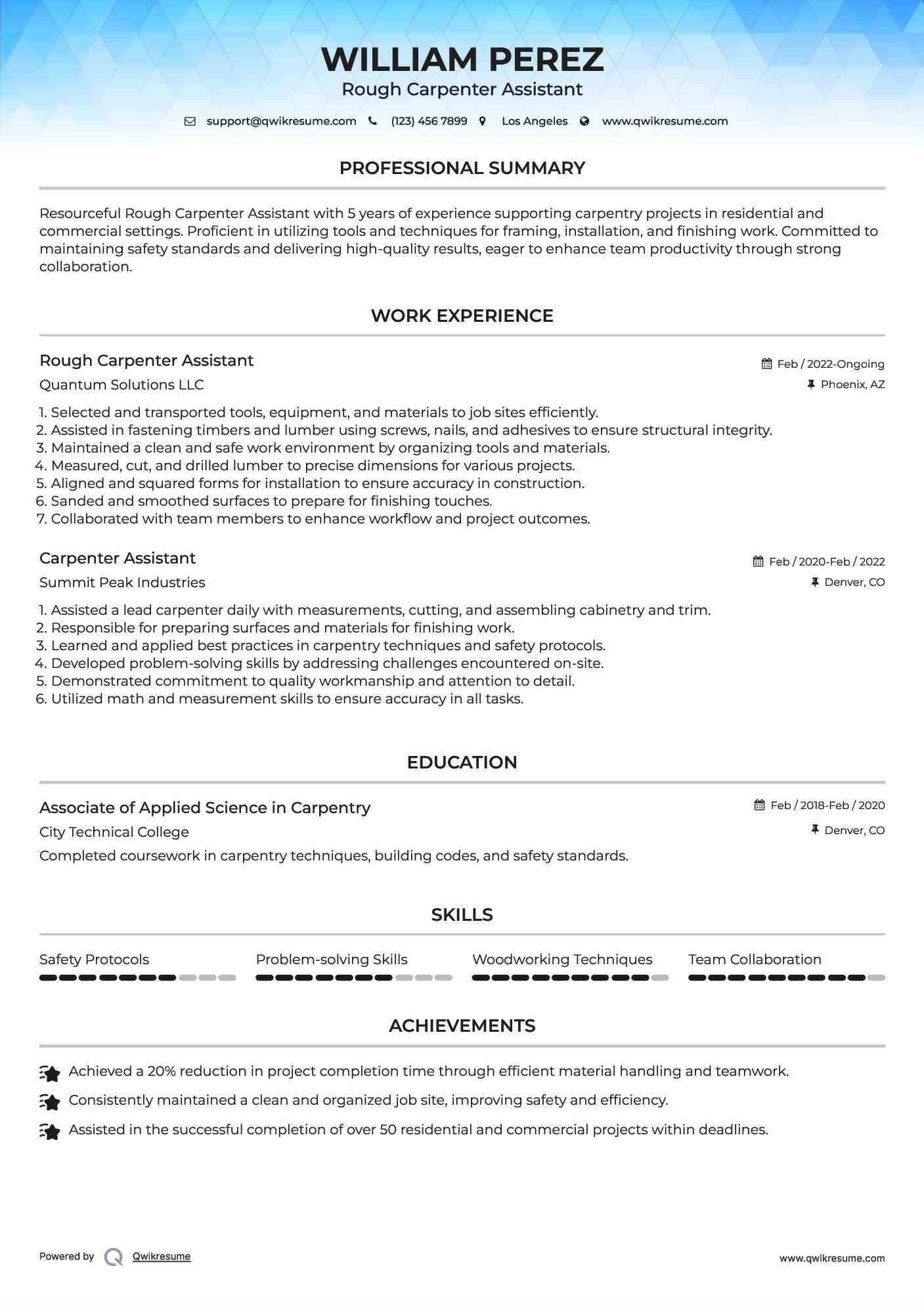 Rough Carpenter Assistant Resume Template