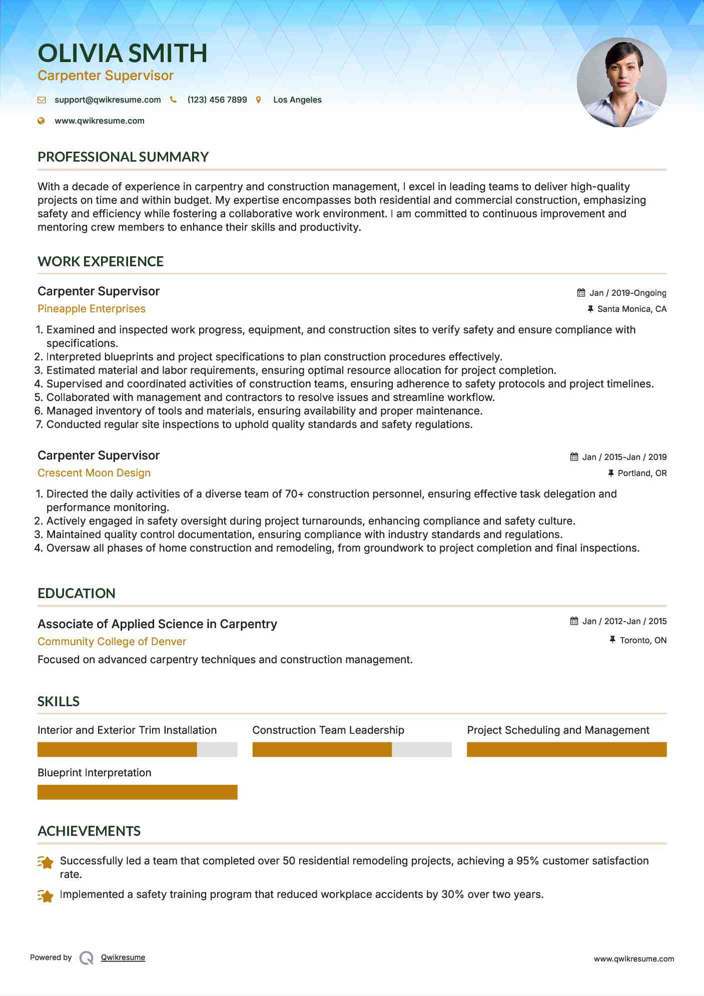 Carpenter Supervisor Resume Format
