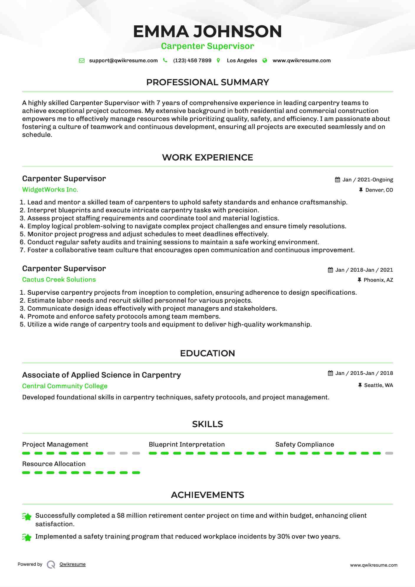 Carpenter Supervisor Resume Format