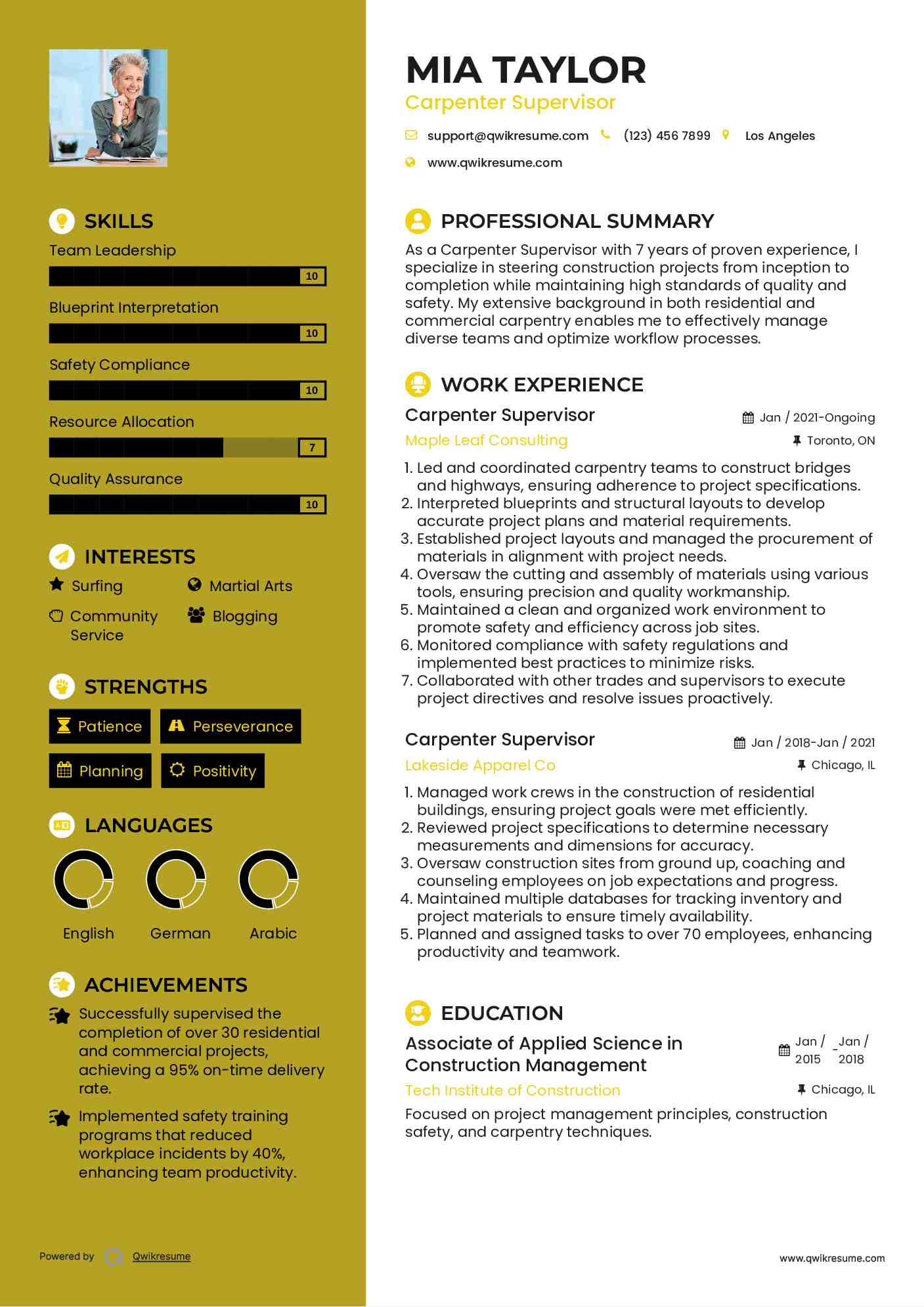 Carpenter Supervisor Resume Sample