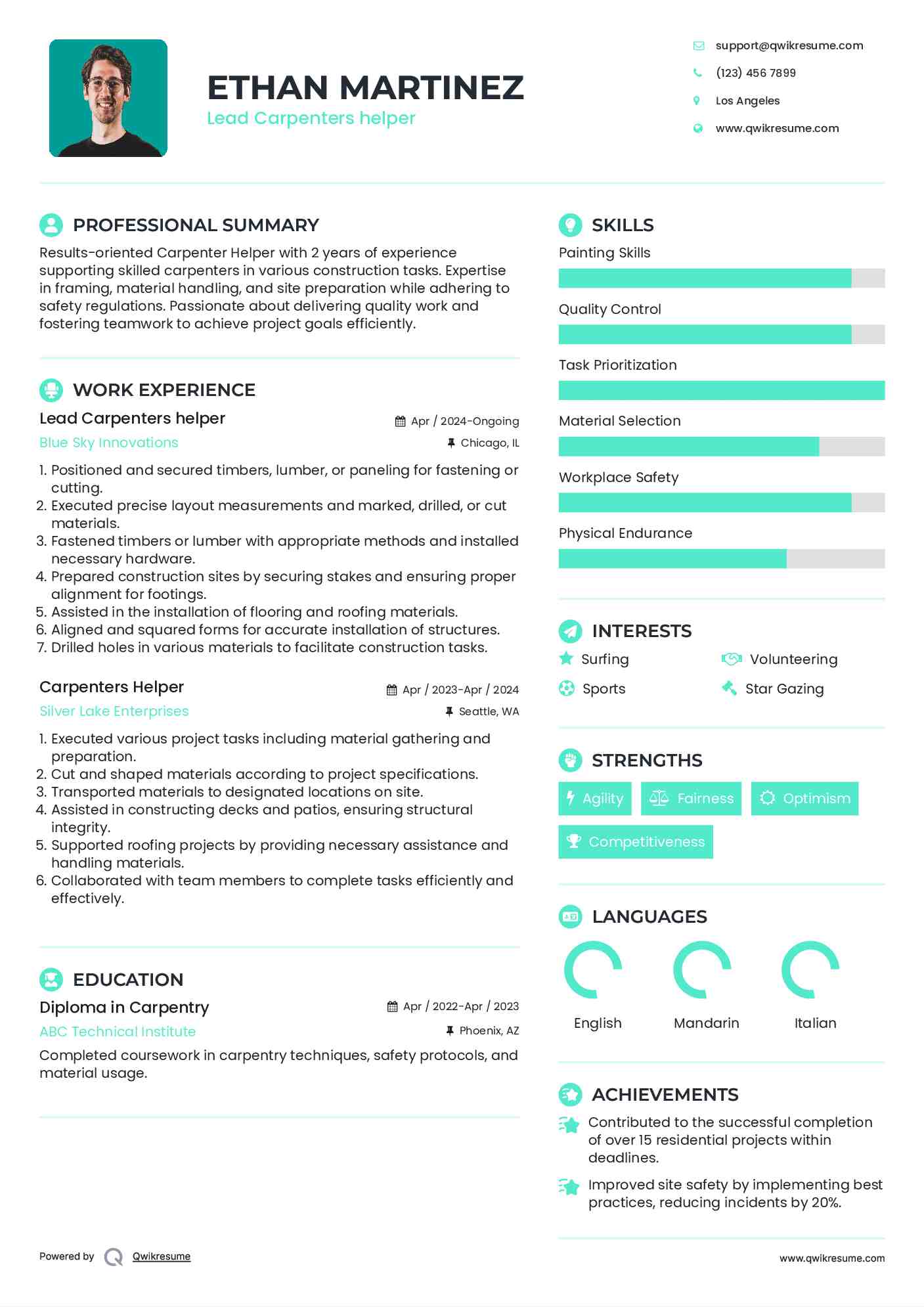 Lead Carpenters helper Resume Template
